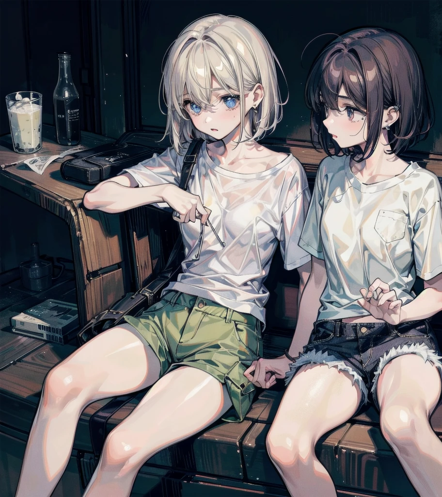 t-shirt, cargo pants, shorts, whole body, absurdres, RAW photo, extremely delicate and beautiful, masterpiece, Best Quality, ultra high resolution, 32k, hyperrealistic, ultra-detailed, detailed description, perfect anatomy, pale skin, 20 years old, detailed beautiful face and eyes, tearful mole, earring, short medium hair, wavy hair, ((yuri)), ((2 girls)),