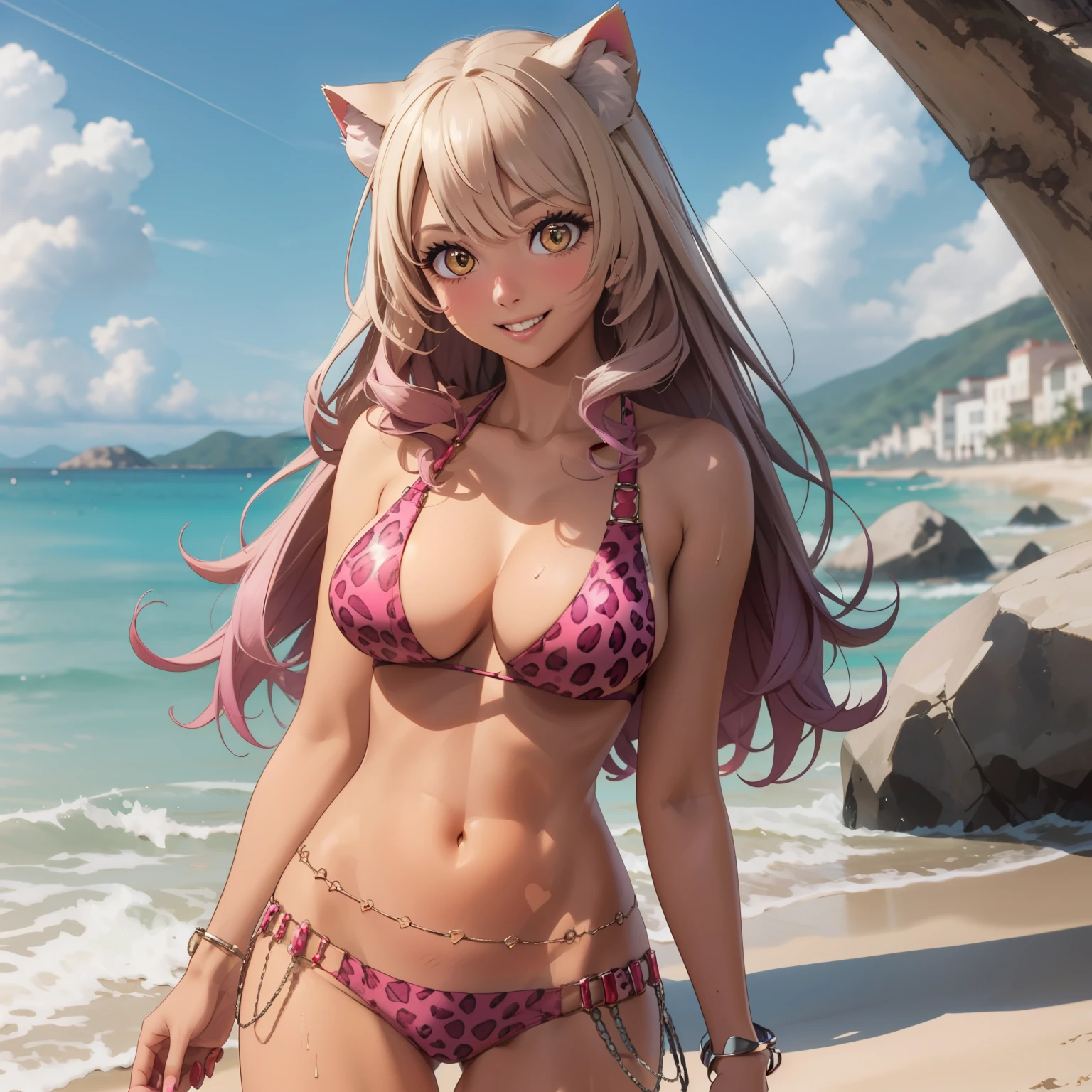 woman age 28 , rubia, cabello rubio con sus puntas rosadas, orejas de gato en su cabeza, piel morena, piel morena y bronceada, pechos grandes, pink leopard print bikini, accesorios de oro, sonrisa picara, esta en una playa soleada, orejas de gato. rostro perfecto. cabello rubio, rubia, pelo rubio, pelo rubio. rubia. orejas de gato, cat ears standing in front of the camera , manos perfectas de pie parada, manos perfectas