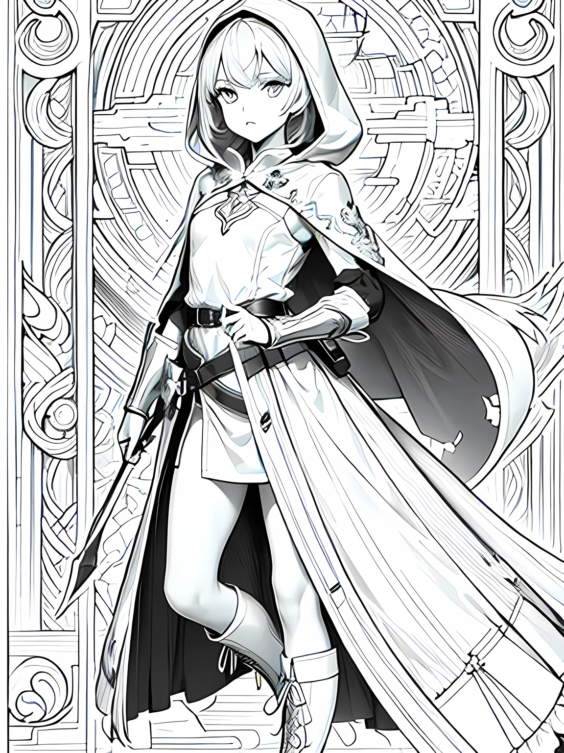 Line art background, background, Monochrome, Line art, ((sketch)),Highest quality,masterpiece,monochrome,Lineart,single color,Create a detailed coloring page,Leather Armor、Cloth clothing、Hooded cloak、Sober design、Pouch、belt、boots、dagger、Dagger、Stiletto、Small Crossbow、throwing knife、Thief