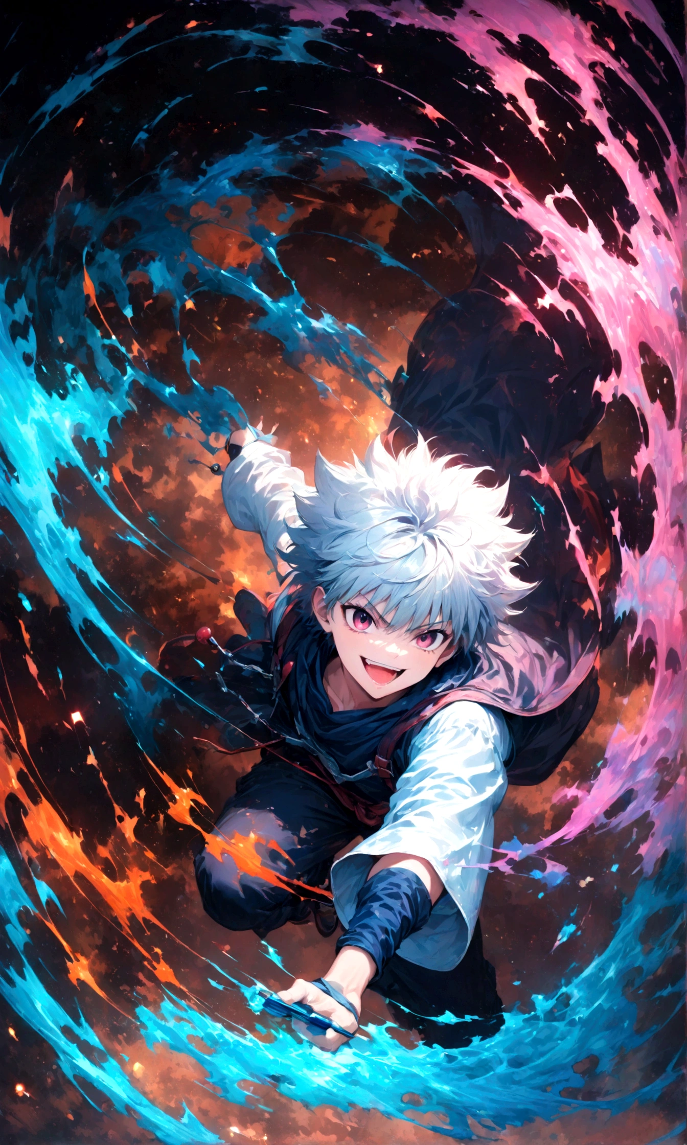 1 teenager,Killua,Hunter x Hunter,Killuaの衣装,Yo-yo,Sui Ishida's painting style,Intricate details,Use black and white as your main colors,Decadent,artwork,rendering,Dynamic Pose,(masterpiece:1.3),(highest quality:1.4),(ultra detailed:1.5),High resolution,extremely detailed,unity 8k wallpaper,Dark fantasy,Brush strokes,Glare,Battle Style,Crazy smile