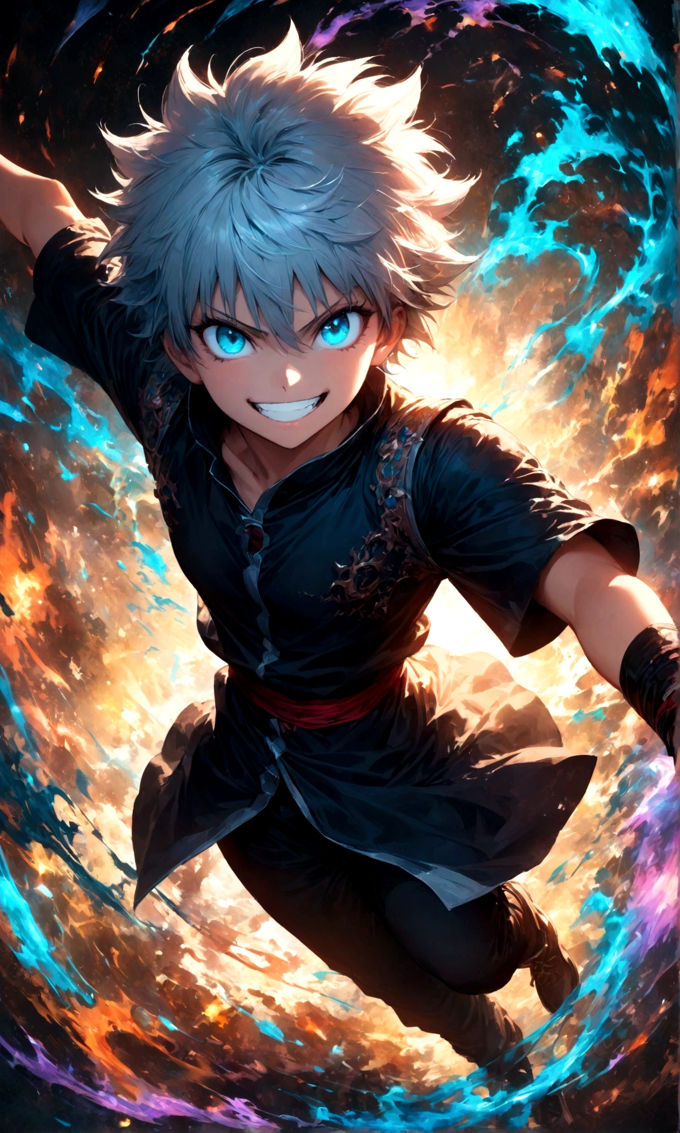 1 teenager,Killua,Hunter x Hunter,Killuaの衣装,Yo-yo,Sui Ishida's painting style,Intricate details,Use black and white as your main colors,Decadent,artwork,rendering,Dynamic Pose,(masterpiece:1.3),(highest quality:1.4),(ultra detailed:1.5),High resolution,extremely detailed,unity 8k wallpaper,Dark fantasy,Brush strokes,Glare,Battle Style,Crazy smile