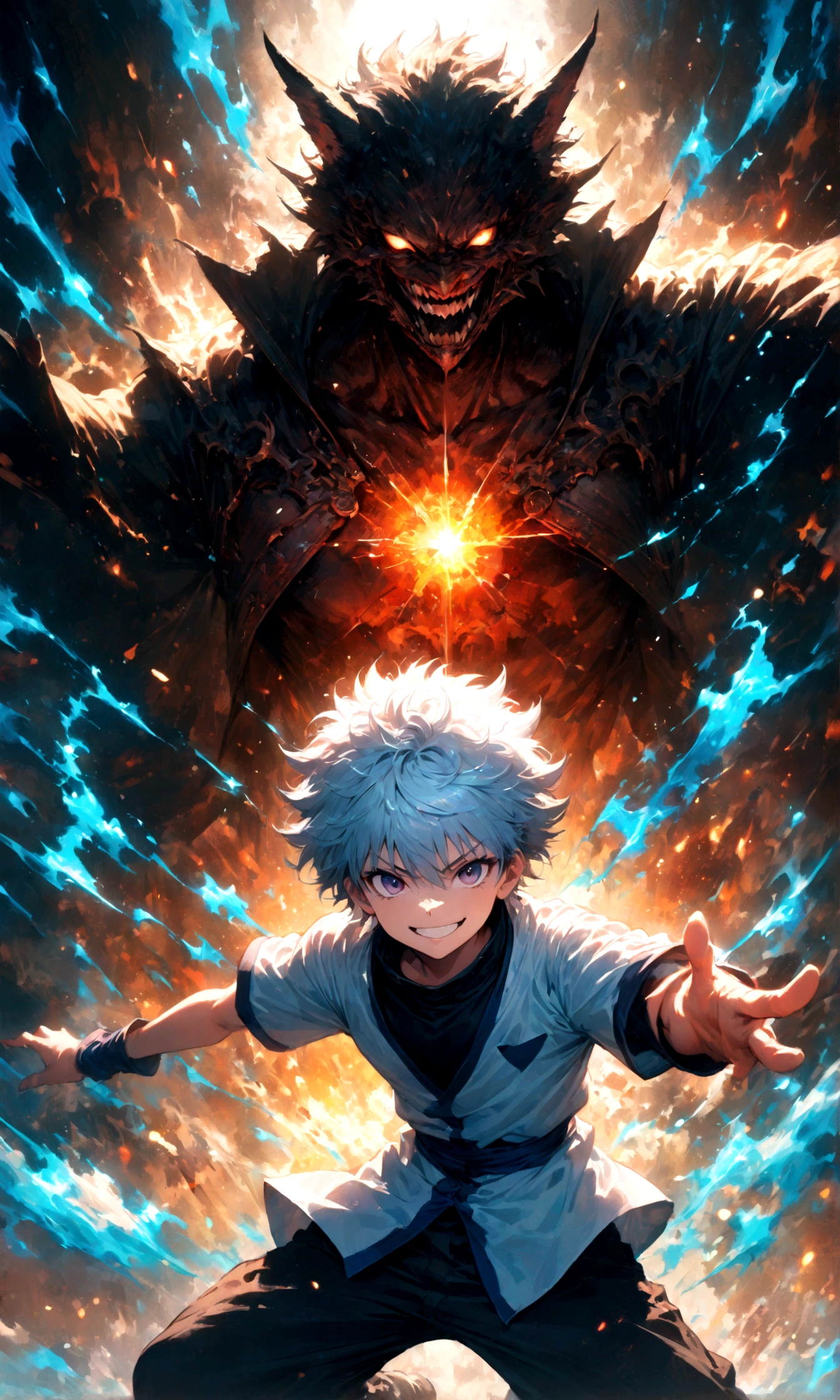 1 teenager,Killua,Hunter x Hunter,Killuaの衣装,Yo-yo,Sui Ishida's painting style,Intricate details,Use black and white as your main colors,Decadent,artwork,rendering,Dynamic Pose,(masterpiece:1.3),(highest quality:1.4),(ultra detailed:1.5),High resolution,extremely detailed,unity 8k wallpaper,Dark fantasy,Brush strokes,Glare,Battle Style,Crazy smile