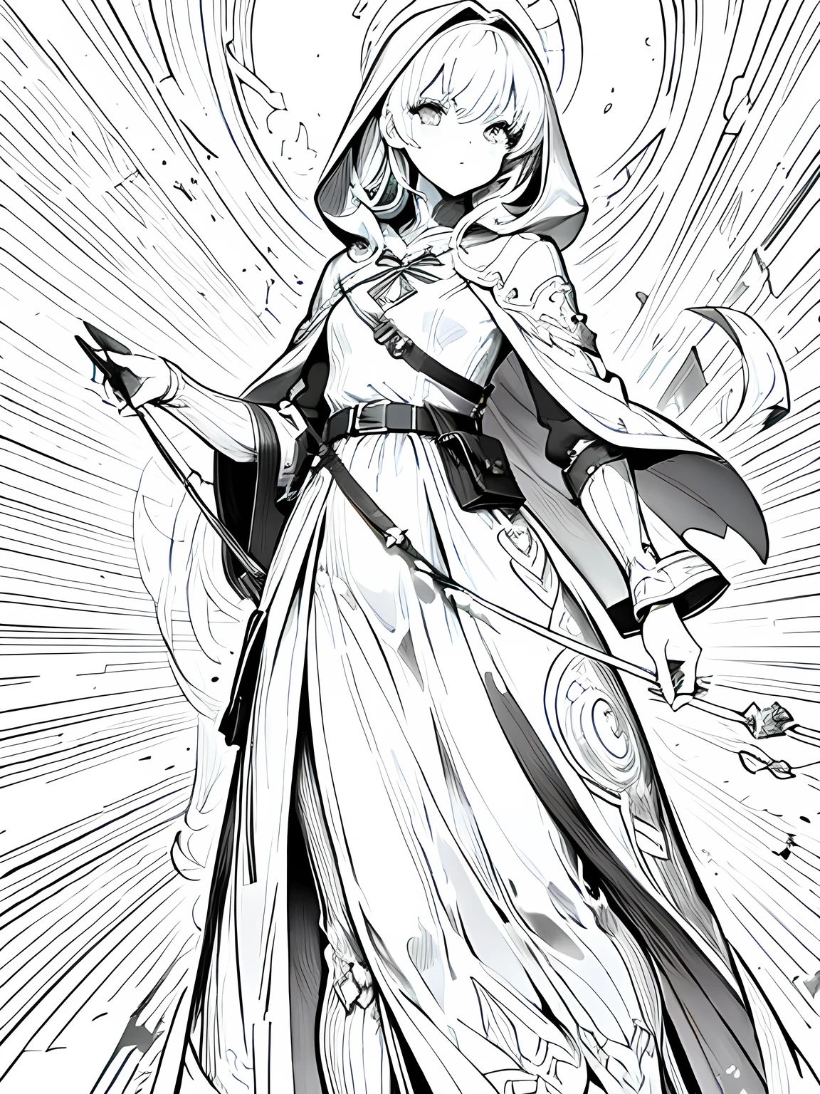Line art background, background, Monochrome, Line art, ((sketch)),Highest quality,masterpiece,monochrome,Lineart,single color,Create a detailed coloring page,Leather Armor、Cloth clothing、Hooded cloak、Sober design、Pouch、belt、boots、dagger、Dagger、Stiletto、Small Crossbow、throwing knife、Thief