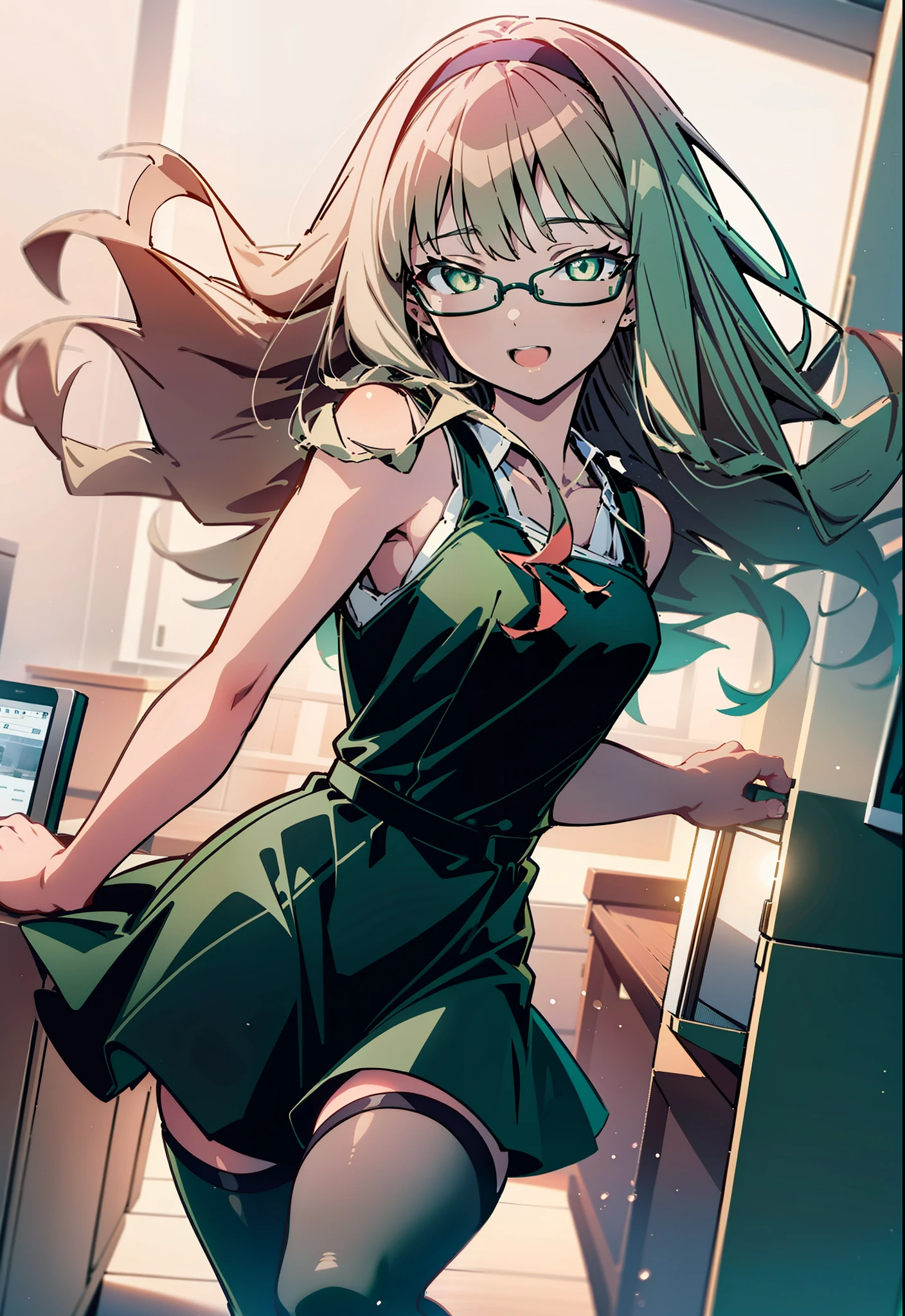 minami yume ,sss Dynazenon ,Long Hair, Brown Hair, (Green Eyes:1.5) ,Center of chest,hair band,happy smile, smile, Open your mouth, Black-rimmed glasses, Black dress,Short sleeve,Black long skirt,Stiletto heels,Walking,Daytime,Clear skies,whole bodyがイラストに入るように,There is a computer on the table,
break looking at viewer, whole body(Cowboy Shot:1. 5)
break indoors, office,
break (masterpiece:1.2), highest quality, High resolution, unity 8k wallpaper, (shape:0.8), (Beautiful and beautiful eyes:1.6), Highly detailed face, Perfect lighting, Highly detailed CG, (Perfect hands, Perfect ???????),