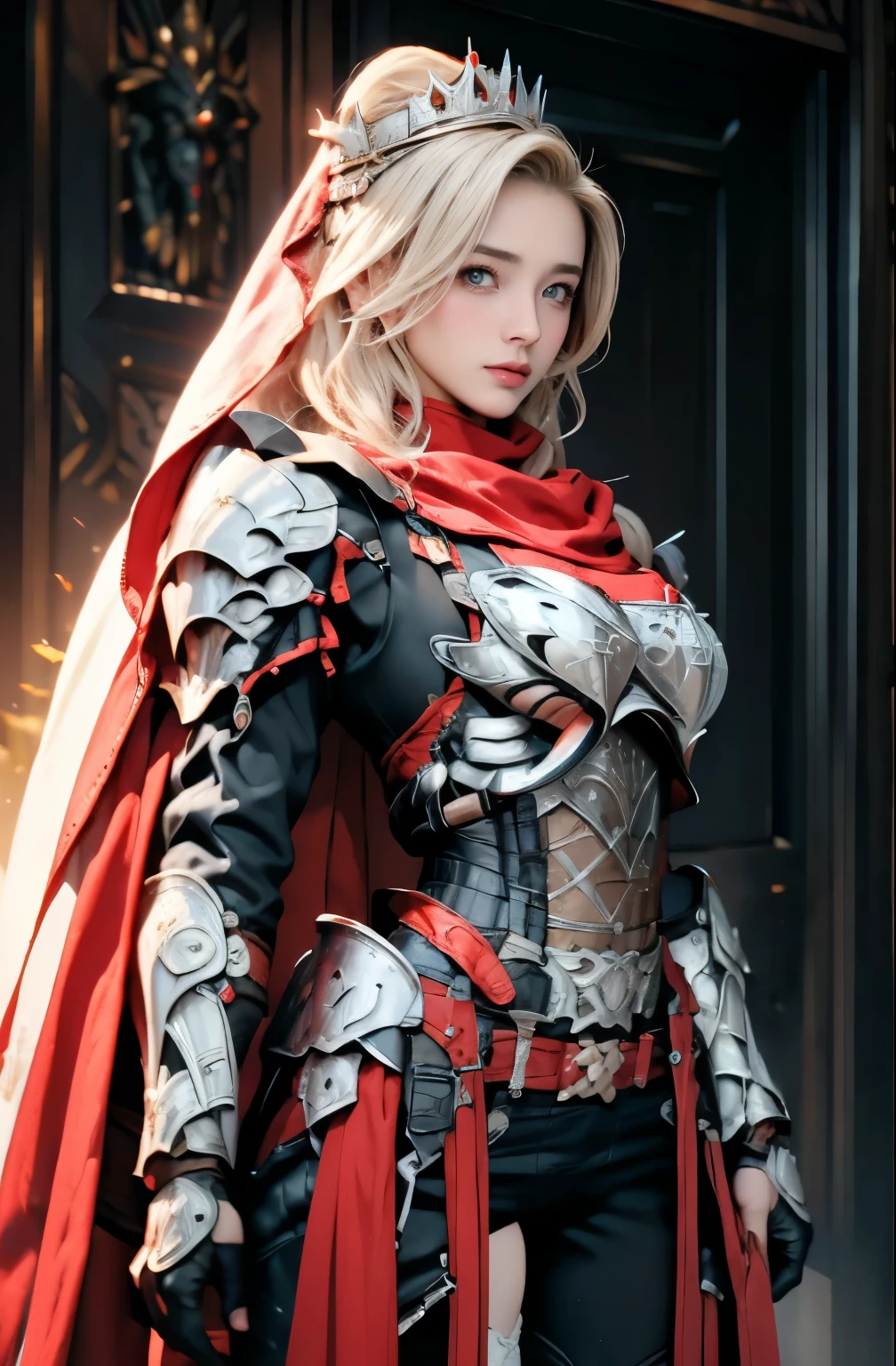 Elegant armor,princess, Full body, wearing a hijab , crown luxury , blue eye, blond hair, around , (red silver hijab), tmasterpiece，Best quality at best，A high resolution，8K，((Portrait))，(upper body)，Original photo，real photograph，digital photography, elegant princess ，blue eye， super colossal brest, pointy colossal breast extravagant ornament，cparted lips，Keep your mouth shuegant and charming，((Blushing))，virgin content，Calm and handsome，luxury body armor ((red and silver armor)) , (Medieval fantasy armor, The Beautiful pointy breast, small waist, perfect colossal breast of princess body )oc render reflection texture, elegant style,   colossal breast , medieval castle background, slim body, very small waist, (luxury armor pattern) , super slim ,beautiful like angel 