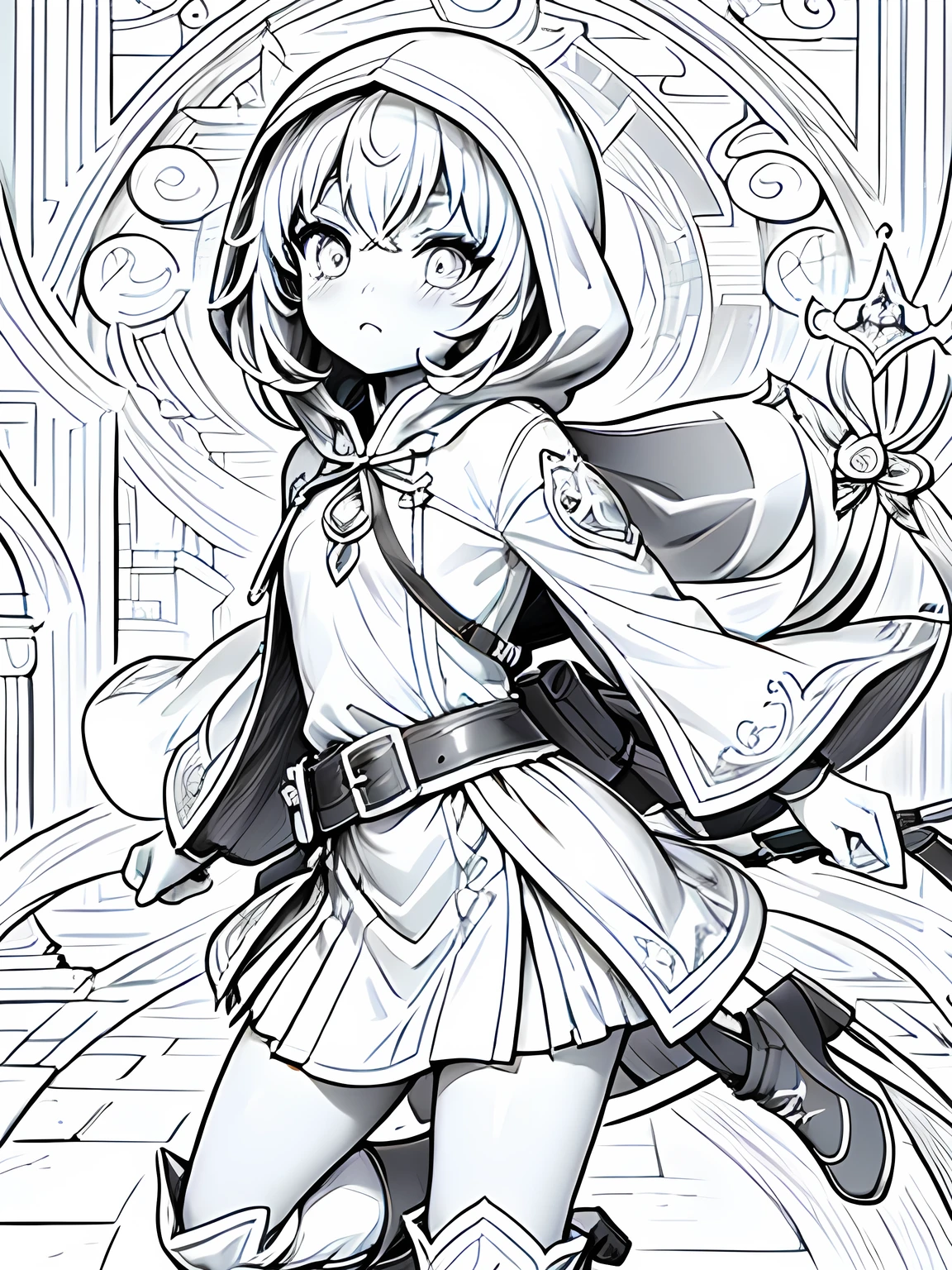 Line art background, background, Monochrome, Line art, ((sketch)),Highest quality,masterpiece,monochrome,Lineart,single color,Create a detailed coloring page,Leather Armor、Hooded cloak、Sober design、Pouch、belt、boots、dagger、Dagger、Stiletto、Small Crossbow、throwing knife、Thief