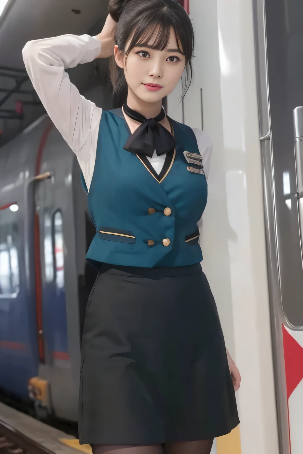 (masterpiece:1.2, highest quality:1.2), 32K HDR, High resolution, (alone、1 girl)、（At the station platform in the afternoon、Professional Lighting）、Background of an empty station platform、（Nankai Train crew uniformを着たリアルスタイル）、（The green vest of the Nankai train crew uniform、Nankai train crew uniform long-sleeved blouse with no collar、Nankai Train Crew Uniform Black Culottes）、Scarf around the neck、Dark brown hair、（Hair tied up、Hair Bun、Hair Bun）、Dark brown hair、Long Shot、Big Breasts、Thin legs、（（Great hands：2.0）），（（Harmonious body proportions：1.5）），（（Normal limbs：2.0）），（（Normal finger：2.0）），（（Delicate eyes：2.0）），（（Normal eyes：2.0））)、smile、A beautiful back view showing off a black culottes skirt