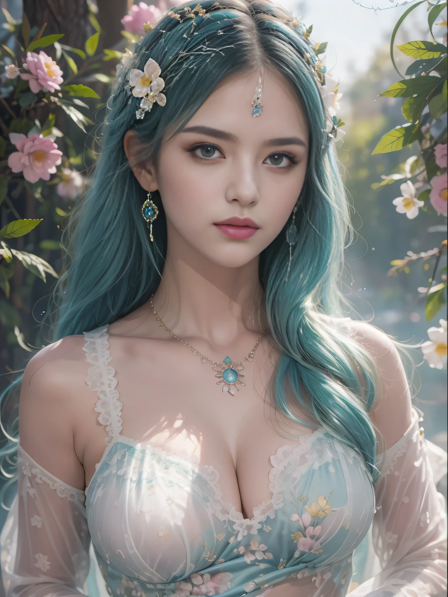 (best quality),(masterpiece:1.2), (rich and colorful:0.9), (Splash ink),(splash of color),((watercolor)), Clear and sharp focus, Model shooting,, (Spring Goddess Portrait:1.5), Cute expression,Elegant blue hair, Beautiful face and eyes, Elegant goddess clothing, Spring forest background,Light green lace pajamas, Colored Water