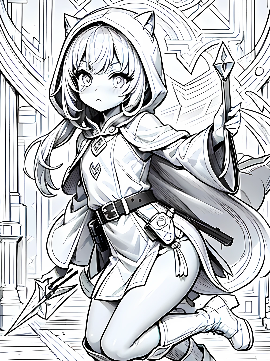 Line art background, background, Monochrome, Line art, ((sketch)),Highest quality,masterpiece,monochrome,Lineart,single color,Create a detailed coloring page,Leather Armor、Hooded cloak、Sober design、Pouch、belt、boots、dagger、Dagger、Stiletto、Small Crossbow、throwing knife、Thief