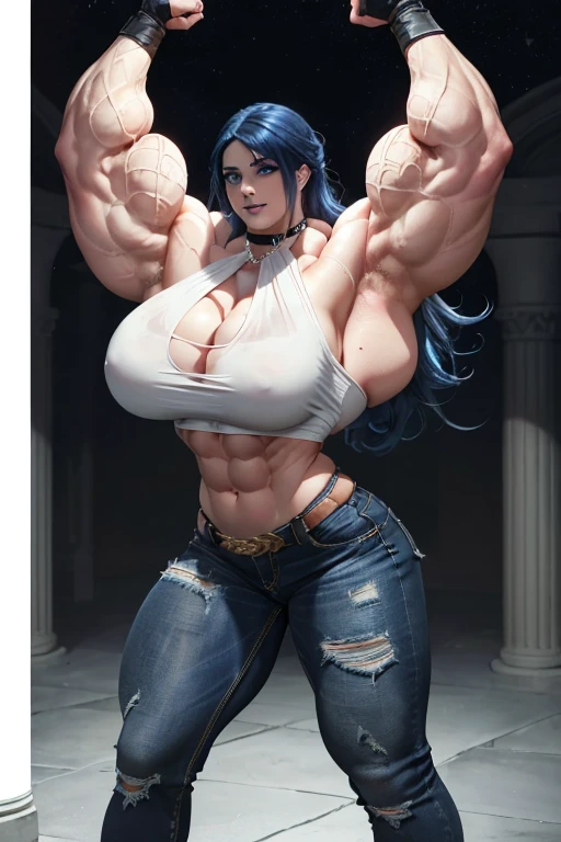 (((Massive, beautiful, pale white skinned, buff, muscular woman with royal blue hair, black lipstick, ginormous bulky muscles and wearing a black halter top and denim pants))), {close view}, massive muscles, massive biceps, hyper muscle shoulders, vascular shoulders, hyper muscle triceps, (long wavy curlyhair), white glowing eyes, gauntlets, denim pants, chain belt, choker, high heel boots, in a moonlit field, fingerless gloves, closed smile, night, hyper vascular arm, hyper muscles arms, hyper muscle legs, massive arms.