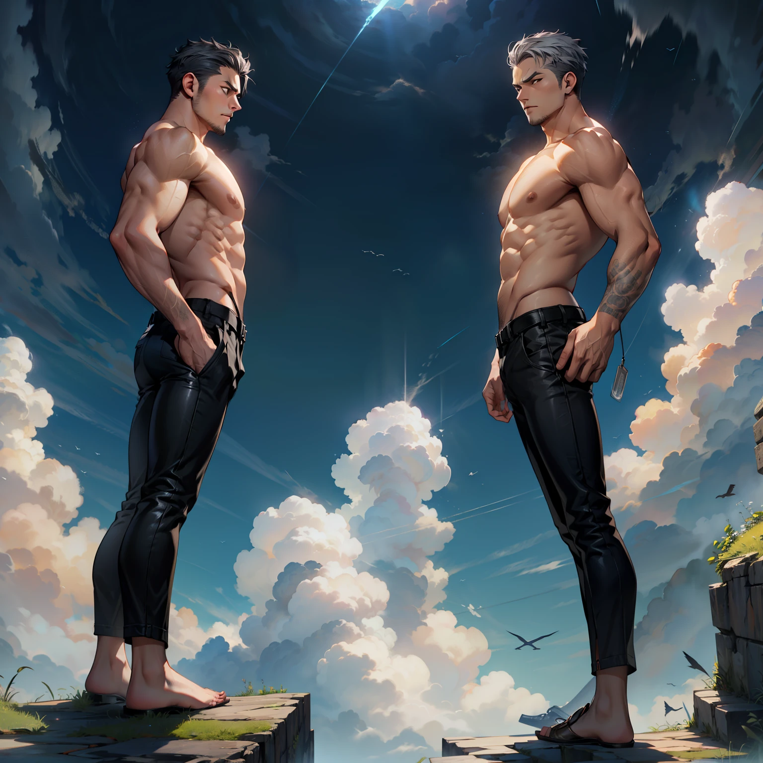 1boys, Full body, Serious face, brown eyes, ((gray hair)), medium length hair, black tucked in sleeveless shirt, black trousers pants, black hair, levitate on sky, blue sky, cloud, side back view
