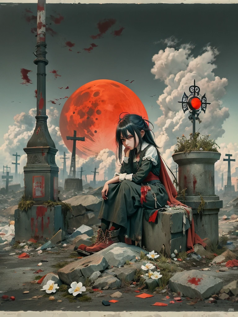 wasteland,Very poor maid sitting on a stone thinking,Thinker,Hand on cheek,(Sitting:1.2),tattered,穿着tattered不堪的红色女仆服装,The skyline in the distance,Gothic,moss,A small white flower,Cemetery,Gothic教堂,Blood red moon,Gothic元素,wildfires,cold,gloomy