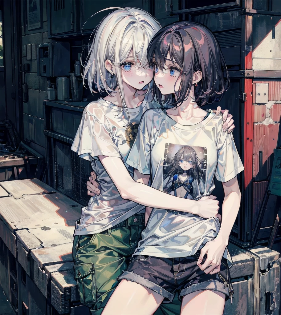 t-shirt, cargo pants, shorts, whole body, absurdres, RAW photo, extremely delicate and beautiful, masterpiece, Best Quality, ultra high resolution, 32k, hyperrealistic, ultra-detailed, detailed description, perfect anatomy, pale skin, 20 years old, detailed beautiful face and eyes, tearful mole, earring, short medium hair, wavy hair, ((yuri)), ((2 girls)),