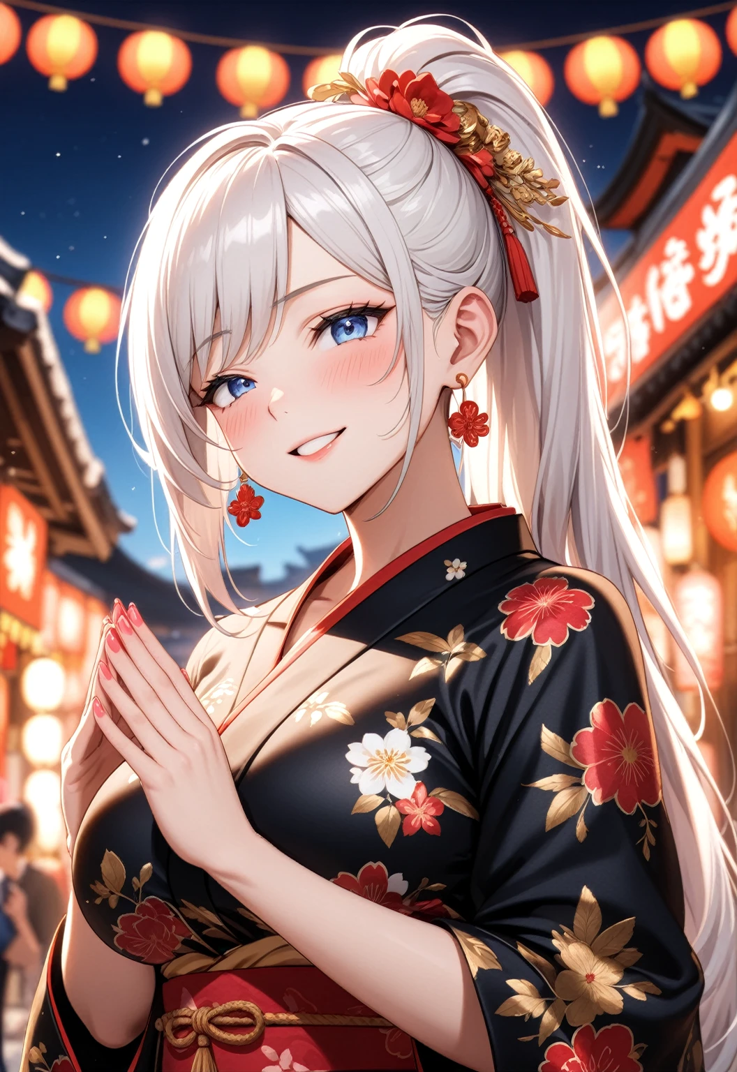 ((one personの女性)), Beautiful Face,Laugh shyly,((Wink:1.9)),Laughing with your mouth open,turn bright red,Glossy pink lips,night,Shrine festival stalls,((Anime style background)),masterpiece, highest quality, so beautiful, up to date, Complex details, (Pink long nails),AI-generated, Complex,High resolution, highest quality, super high quality,3D Images、View your audience、3D Images,one person,Long white hair,High Ponytail,blue eyes,Anime woman posing for a photo, [[Fine grain、Colorful eyes、Shining Eyes:1.15]],(Squint your eyes:1.1),a hyperRealistic , hyperRealistic , Realistic,Long haired white haired anime woman, Smooth anime CG art, A woman in a colorful kimono with gold embroidery, (Black kimono),Red floral pattern,Long flower hair ornament,Big earrings,(Big Breasts:1.1),Mature Body,tall,Big Ass,Fine details,Tight waist,Abdominal muscles,(Face close-up:1.5),Tilt your face,Shooting from an angle,Praying with hands together,