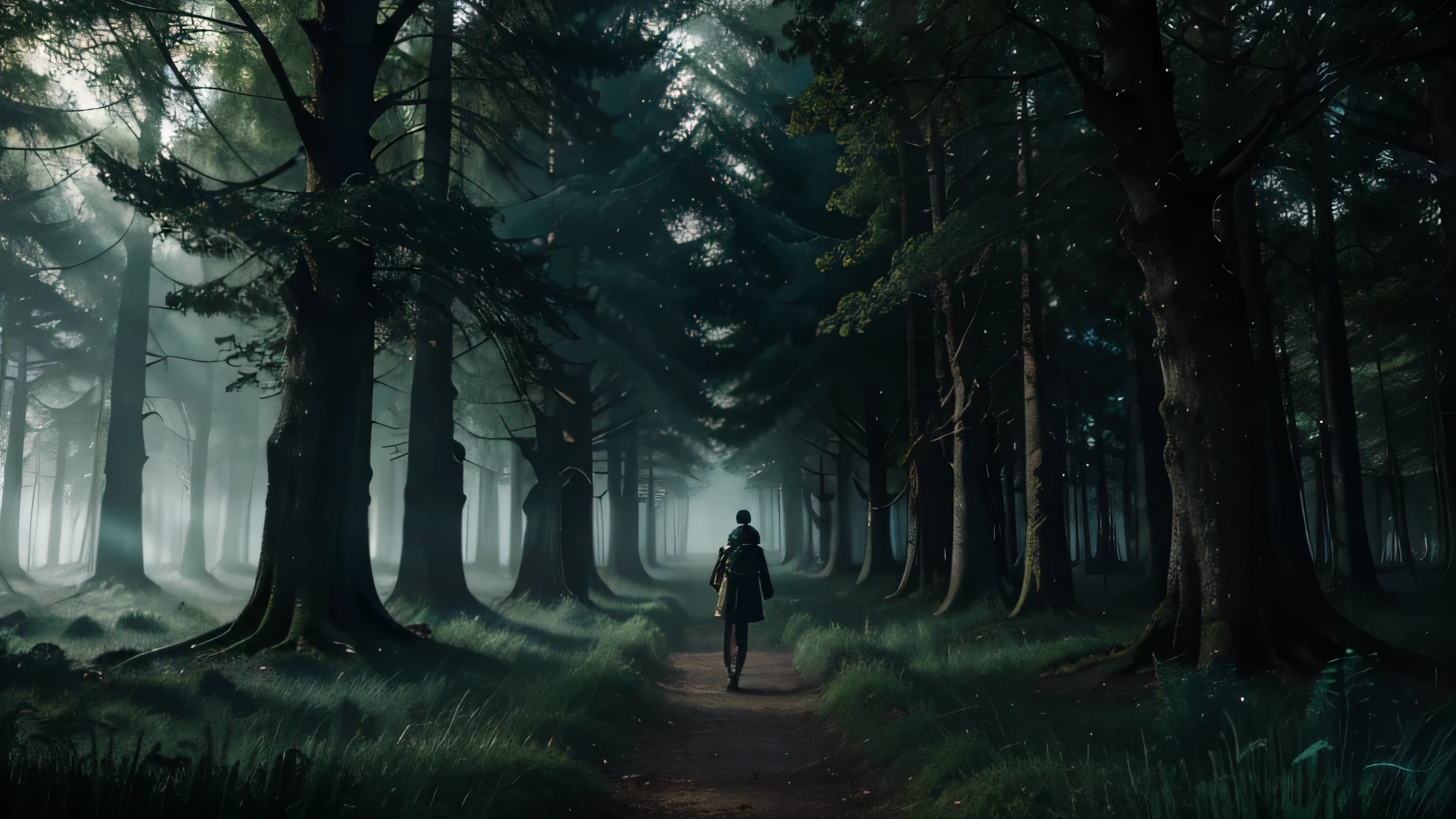 a digital illustration inspired by Greg Rutkowski of an adventurer walking through a haunted forest, eerie mist, twisted trees, dim blue-green color temperature, a determined expression, soft ethereal lighting, and a mysterious atmosphere --v 5 --stylize 1000