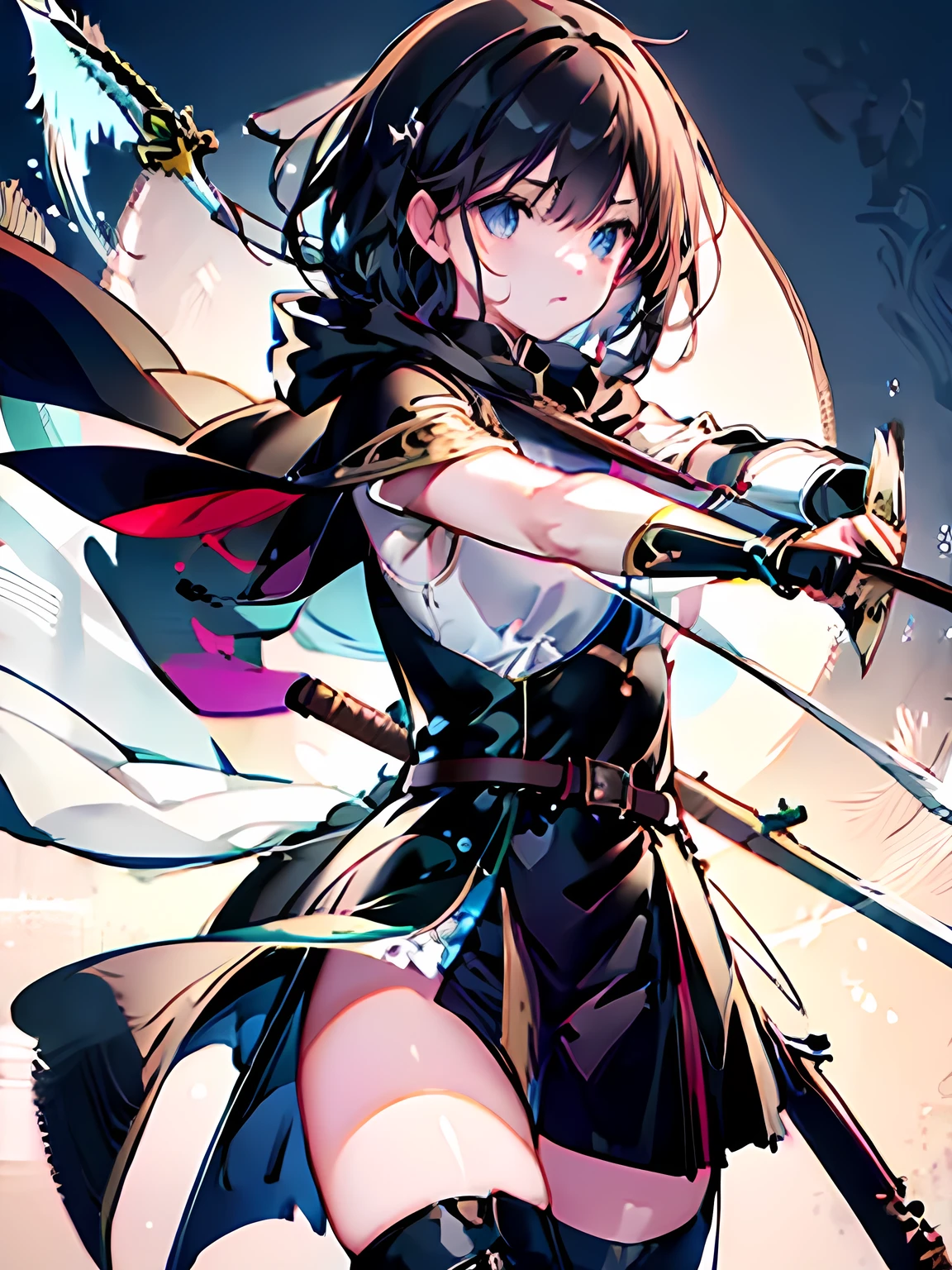 Line art background, background, Monochrome, Line art, ((sketch)),Highest quality,masterpiece,monochrome,Lineart,Bow user、archery、leather armor、Hooded cape、Hooded cloak、boots、pants、Tunic、Pouch、belt、gloves、Gauntlet、bow、arrow、nature lover、Calm、High accuracy、Concentration