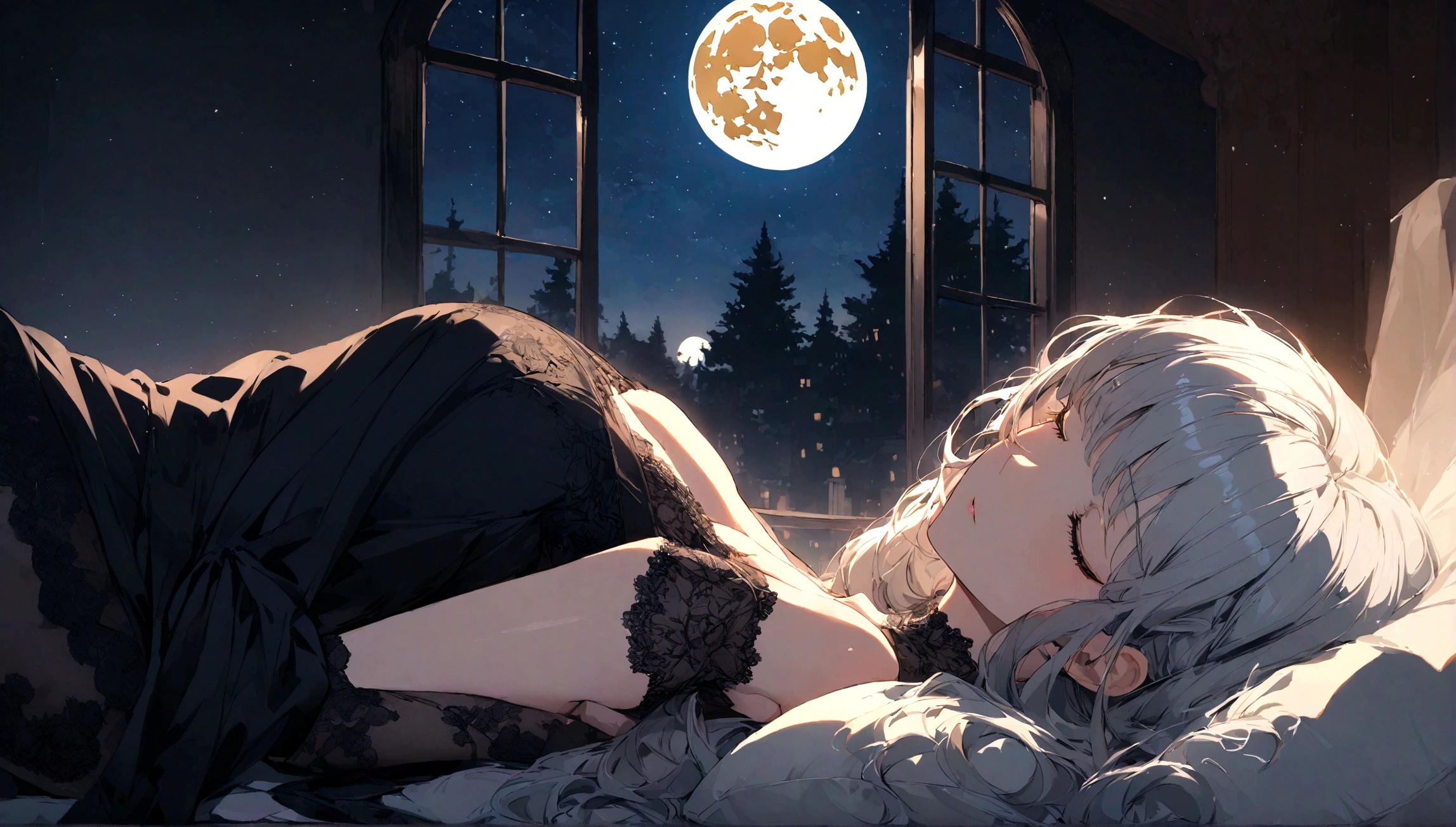 Beautiful woman sleeping on pillow ,Windows with beautiful views, Night Sky, Star, Full Moon.