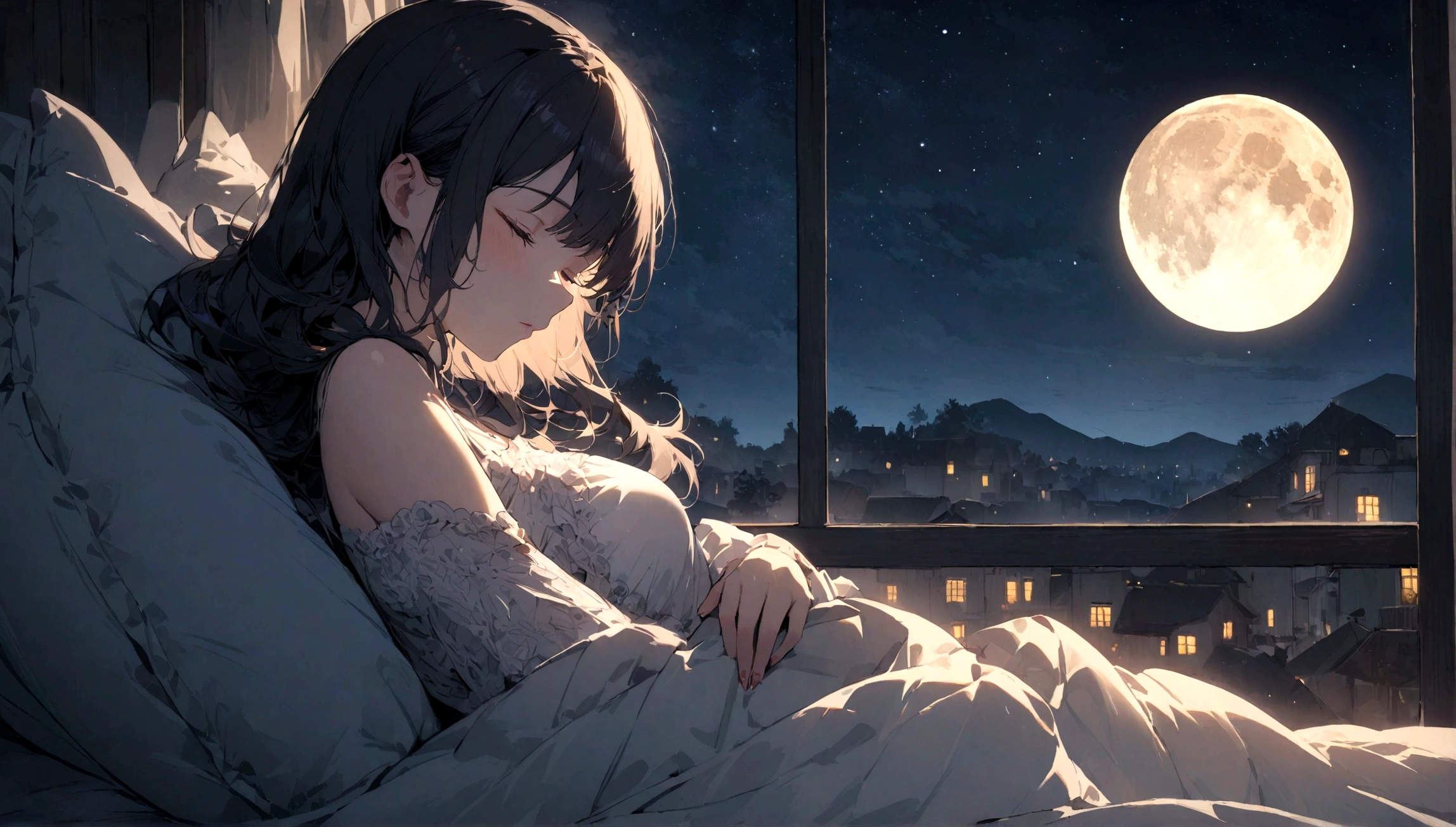 Beautiful woman sleeping on pillow ,Windows with beautiful views, Night Sky, Star, Full Moon.