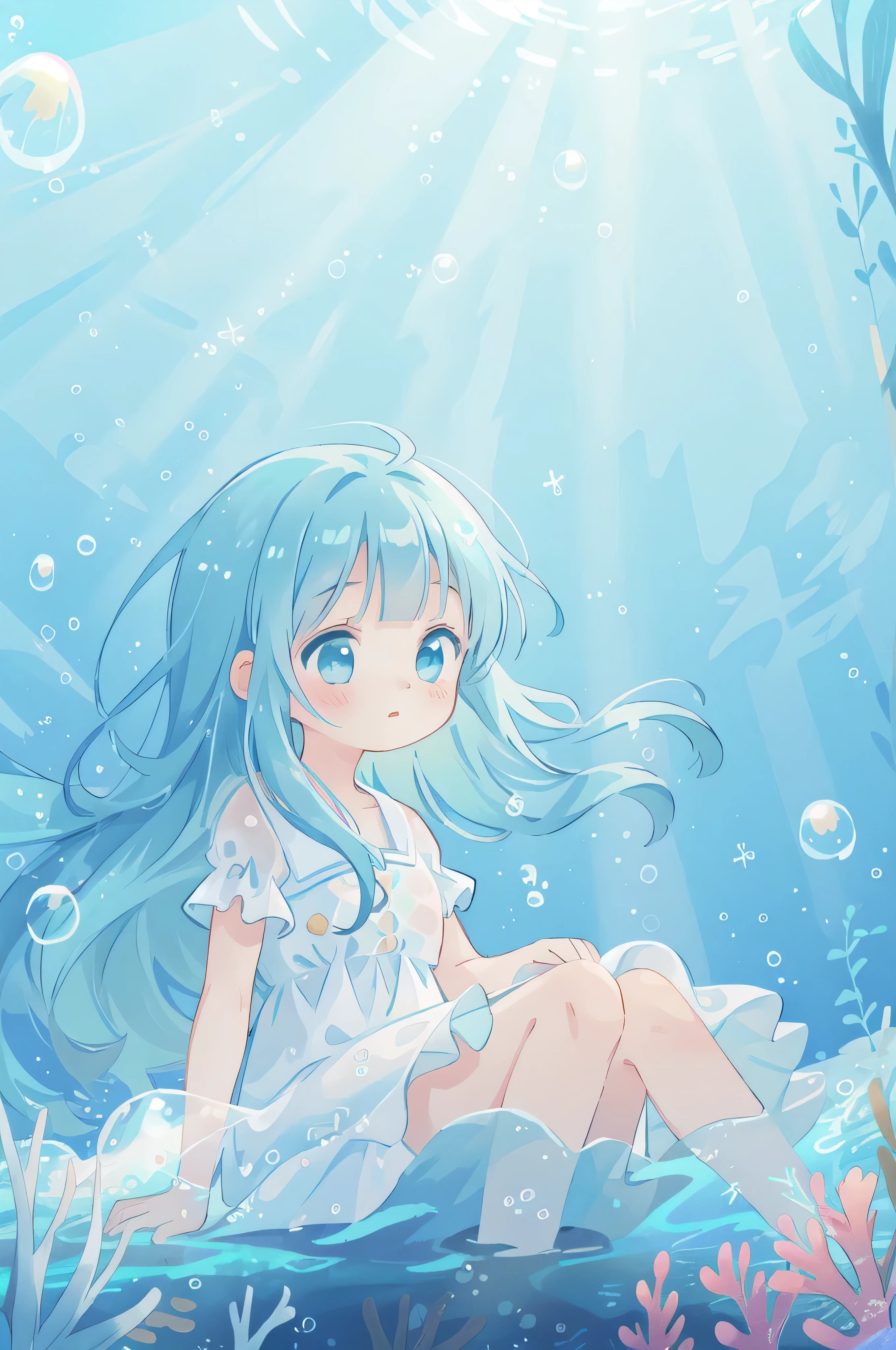 Masterpiece,best quality,1girl,aquafrilled dress  dress,(Clothes that blend with the sea:1.2),lightblue long hair,floating hair,delicate face,A delicate expression,Desiring expression,in container,underwater,rolling_bubbles,(neon light:0.8),Sunlight goes underwater,Wonderful underwater,