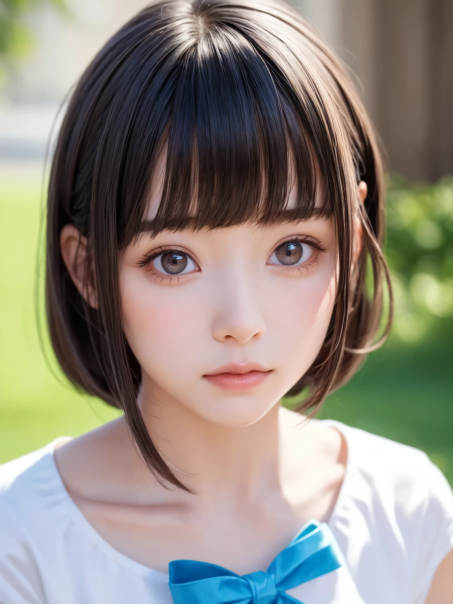 One beautiful girl,A beautiful 15-year-old girl,Big eyes,Symmetrical eyes,Beautiful nose,Fuller lips,Face close-up