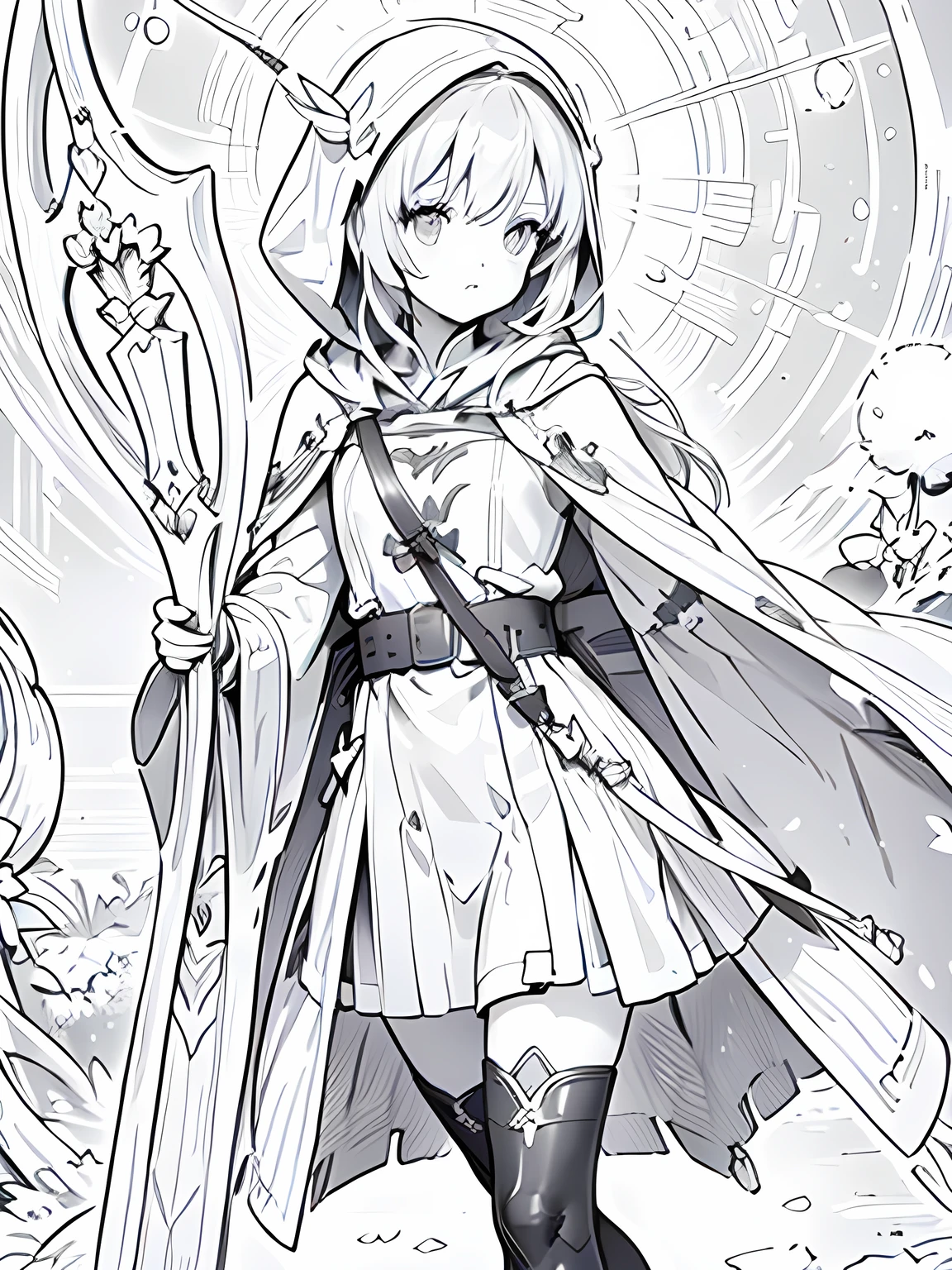 Line art background, background, Monochrome, Line art, ((sketch)),Highest quality,masterpiece,monochrome,Lineart,Bow user、archery、leather armor、Hooded cape、Hooded cloak、boots、pants、Tunic、Pouch、belt、gloves、Gauntlet、bow、arrow、nature lover、Calm、High accuracy、Concentration,girl