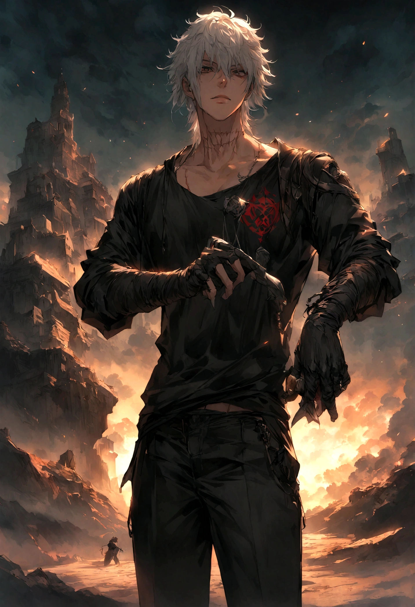 Desenhe uma de 20 anos com cabelos logos pretos, com colete preto, camiseta preta, black pants, coturno preto, katana in his hand and with a scar on his neck.