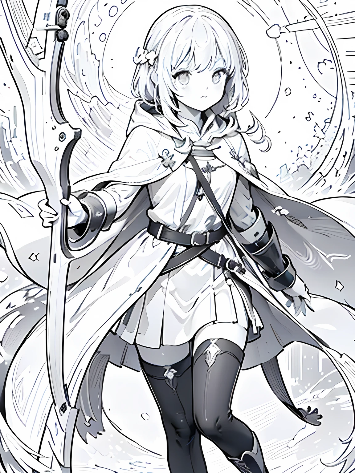 Line art background, background, Monochrome, Line art, ((sketch)),Highest quality,masterpiece,monochrome,Lineart,Bow user、archery、leather armor、Hooded cape、Hooded cloak、boots、pants、Tunic、Pouch、belt、gloves、Gauntlet、bow、arrow、nature lover、Calm、High accuracy、Concentration,girl