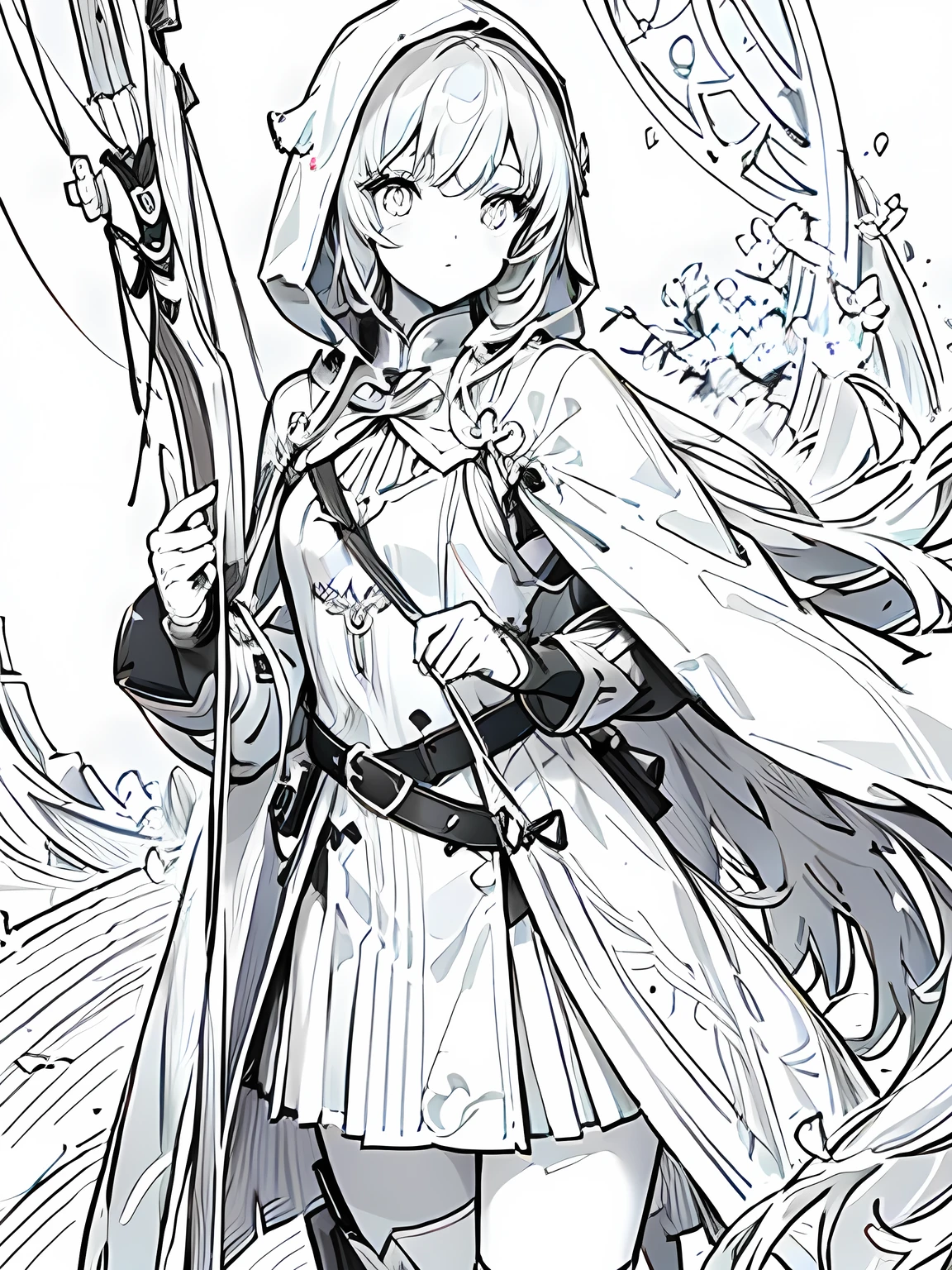 Line art background, background, Monochrome, Line art, ((sketch)),Highest quality,masterpiece,monochrome,Lineart,Bow user、archery、leather armor、Hooded cape、Hooded cloak、boots、pants、Tunic、Pouch、belt、gloves、Gauntlet、bow、arrow、nature lover、Calm、High accuracy、Concentration,girl
