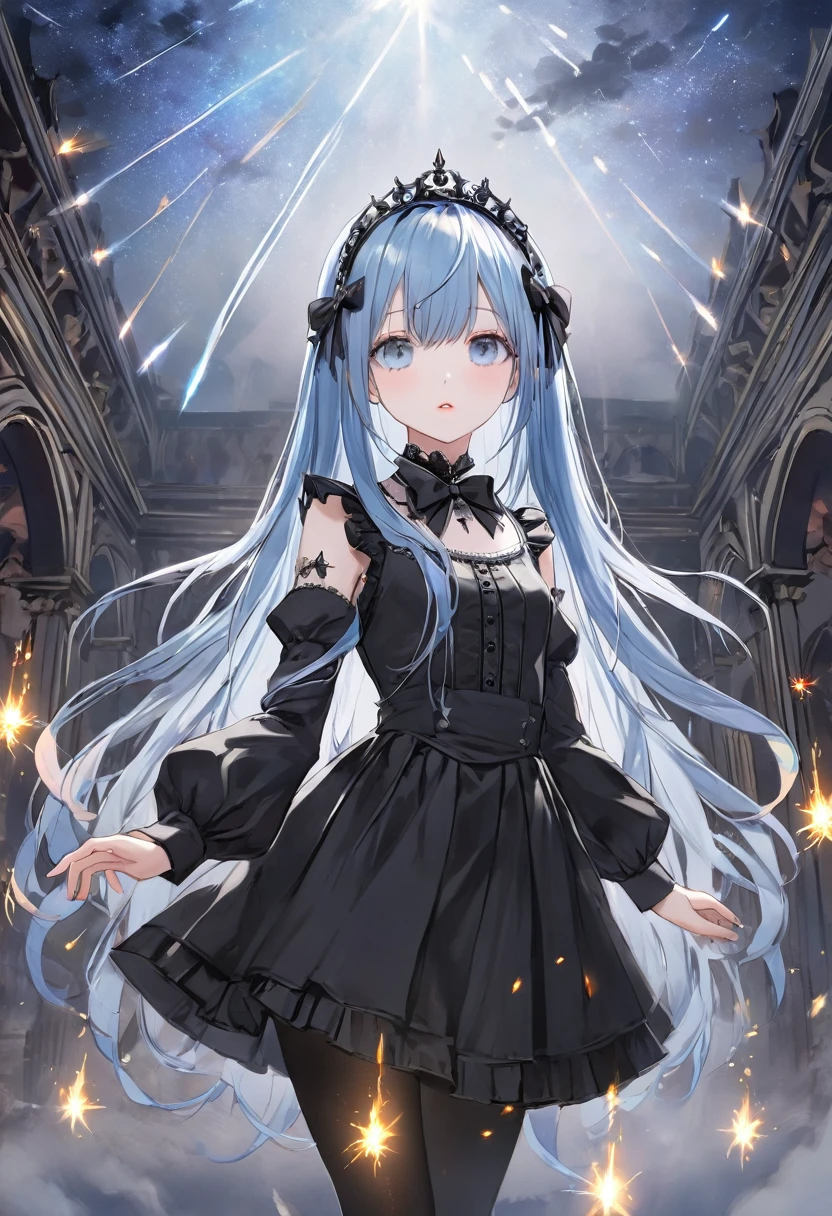 ((masterpiece, best quality, extremely detailed, absurdres)),, masterpiece, best quality, extremely detailed, (((blue long hair))), long hair cute anime faces,detailed light,parted lips,shiny、beautiful detailed face,,longhair、((((pale blue long hair)))),,10 years old, , 1girl, solo, flat chest, blush, bangs, , super fine illustration, 8k wallpaper, (photo background:1.3), small breasts,(((masterpiece)))), (best image quality))), (beautiful eyes),
, , jacket, pantyhose, pleated skirt, black pantyhose,, hairband, dress, bow, ribbon, (gothic fashion:1.5), gothic,、victorian maid tiara、 ((in the dark palace background, surrounded by smoking hot sparks, shooting stars)) ((hyperdetailed scenery, foggy, darkness : 1.3))、Gothic Lolita Clothing Accessories、((fire and stars print skirt : 1.3)), lolita skirt,