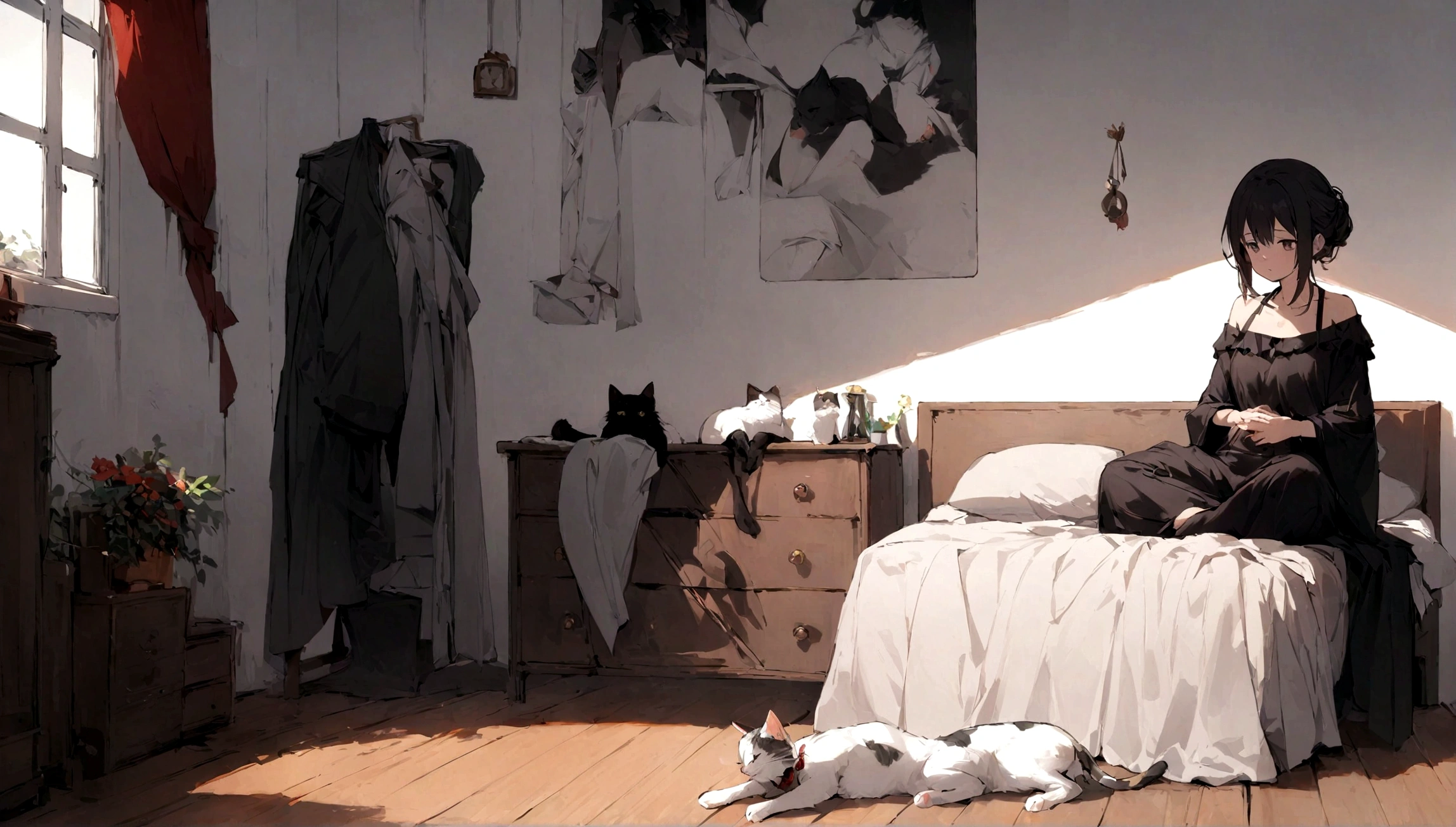 masterpiece, Better quality, Stills, 1 Girl, A person meditates on the bed in her room,Next to her is her cat