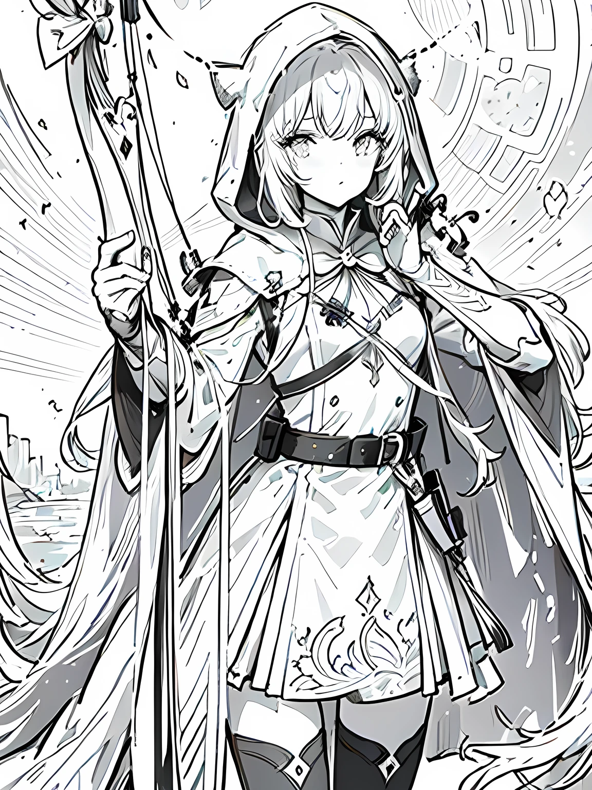 Line art background, background, Monochrome, Line art, ((sketch)),Highest quality,masterpiece,monochrome,Lineart,Bow user、archery、leather armor、Hooded cape、Hooded cloak、boots、pants、Tunic、Pouch、belt、gloves、Gauntlet、bow、arrow、nature lover、Calm、High accuracy、Concentration,girl