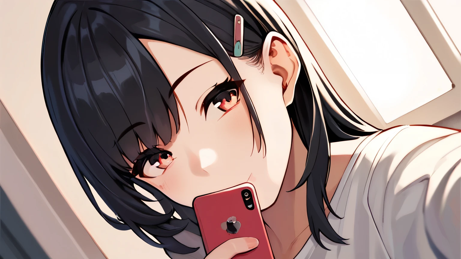 score_9, score_8_superior, score_7_superior,   Cowboy Shot, From the side,  One girl, smartphone,  Selfie,  amount,  Hair Clip, Voice of the Heart, Black Hair, bangs,
,   