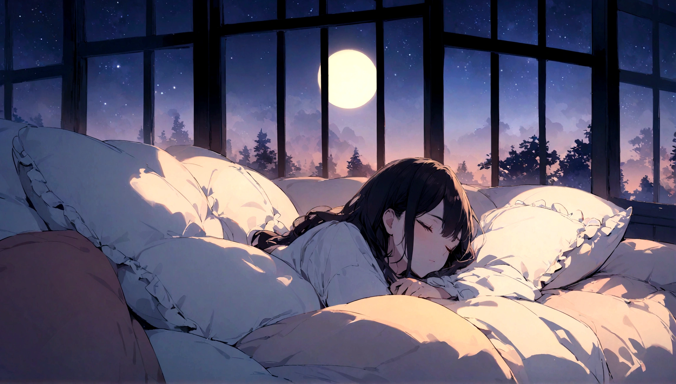 Beautiful woman sleeping on pillow ,Windows with beautiful views, Night Sky, Star, Full Moon.