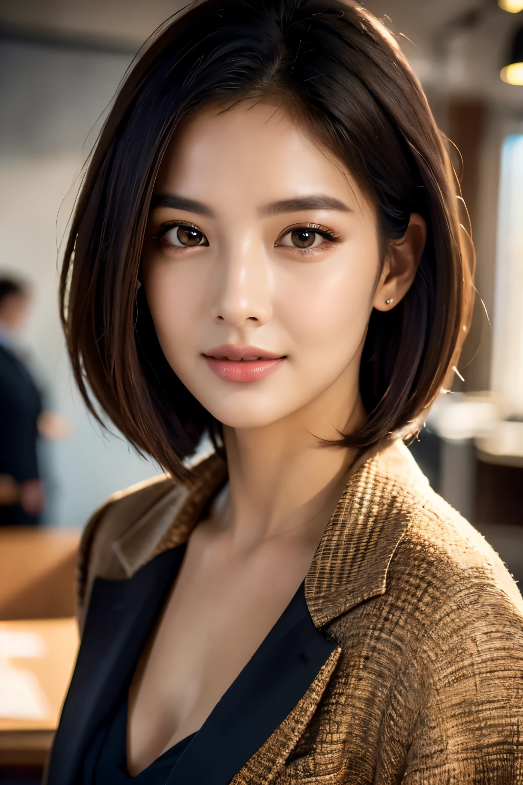 最high quality, 8k, masterpiece, Realistic, high quality, Beautiful and exquisite face and eyes, OL, a stylish suit, Half Body Shot, Professional Lighting, Vibrant colors, Confident expression, Facing forward, (Looking into the camera), short hair, Modern office environment, Warm tones, Sharp details, Glossy finish, Cleavage