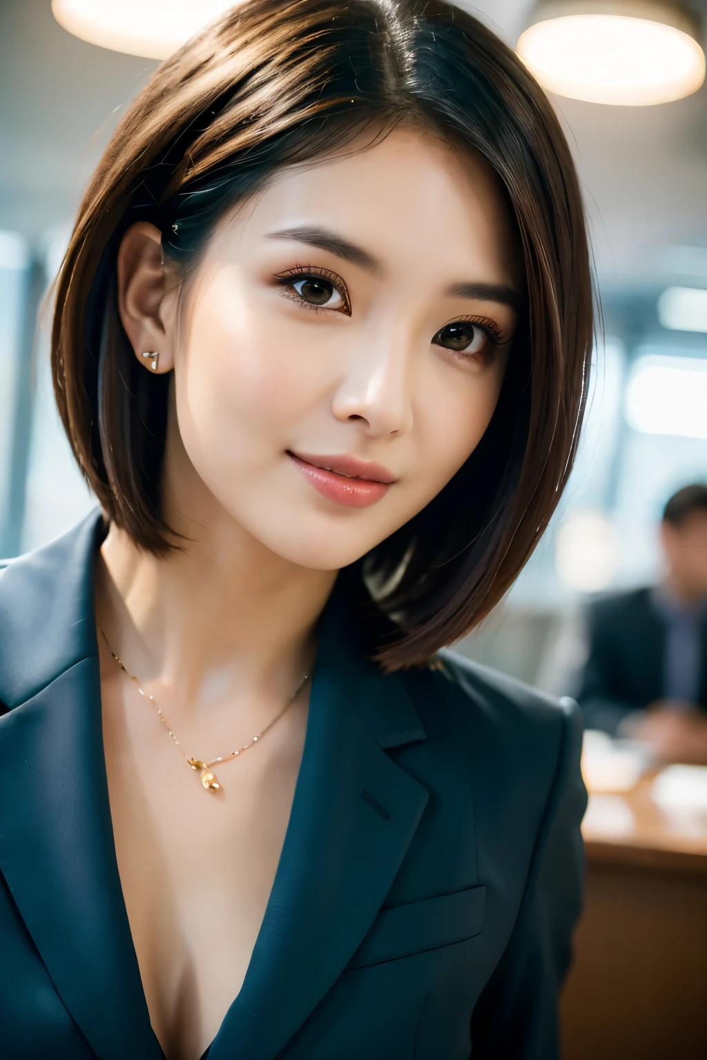 最high quality, 8k, masterpiece, Realistic, high quality, Beautiful and exquisite face and eyes, OL, a stylish suit, Half Body Shot, Professional Lighting, Vibrant colors, Confident expression, Facing forward, (Looking into the camera), short hair, Modern office environment, Warm tones, Sharp details, Glossy finish, Cleavage