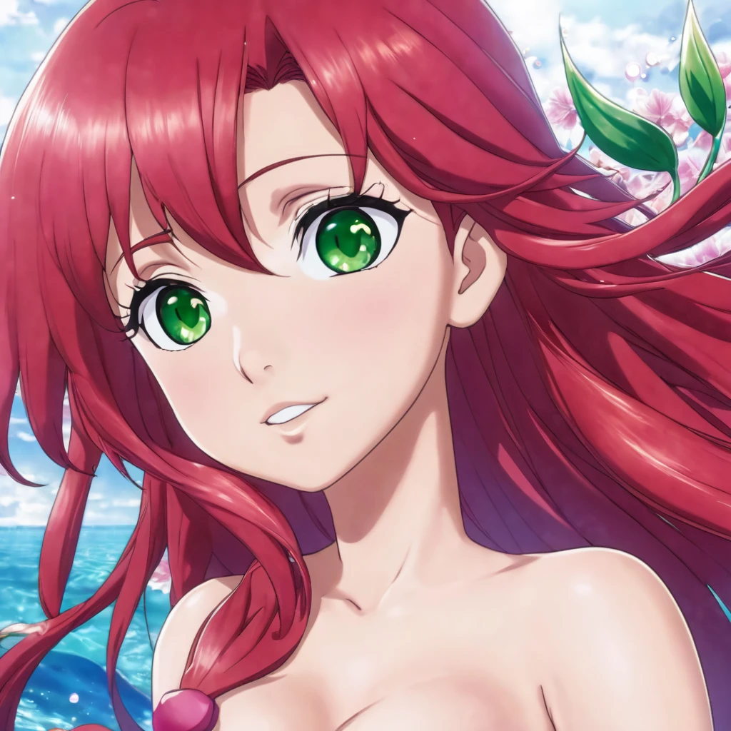 topless Ariel, the Little Mermaid with red hair and green eyes posing for a picture, haruno sakura, best anime 4k konachan wallpaper, seductive anime girl, marin kitagawa fanart, sakura petals around her, splash art anime , anime style 4 k, anime moe artstyle, high quality anime artstyle, detailed anime artwork, anime wallaper, anime topless girl