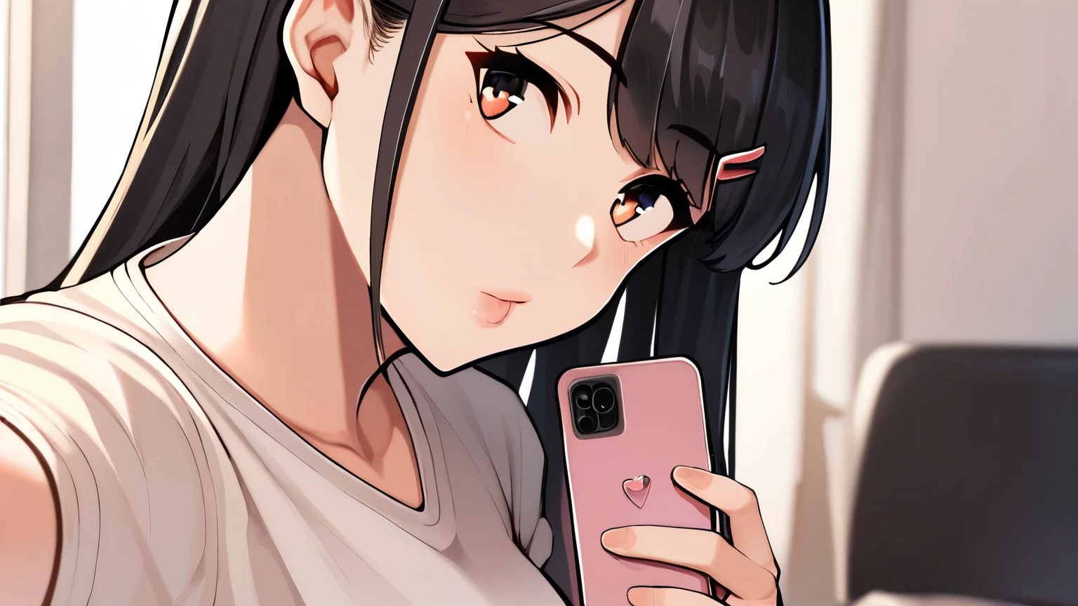 score_9, score_8_superior, score_7_superior, Cowboy Shot, From the side, One girl, smartphone, Selfie, amount, Hair Clip, Voice of the Heart, Black Hair, bangs,
,