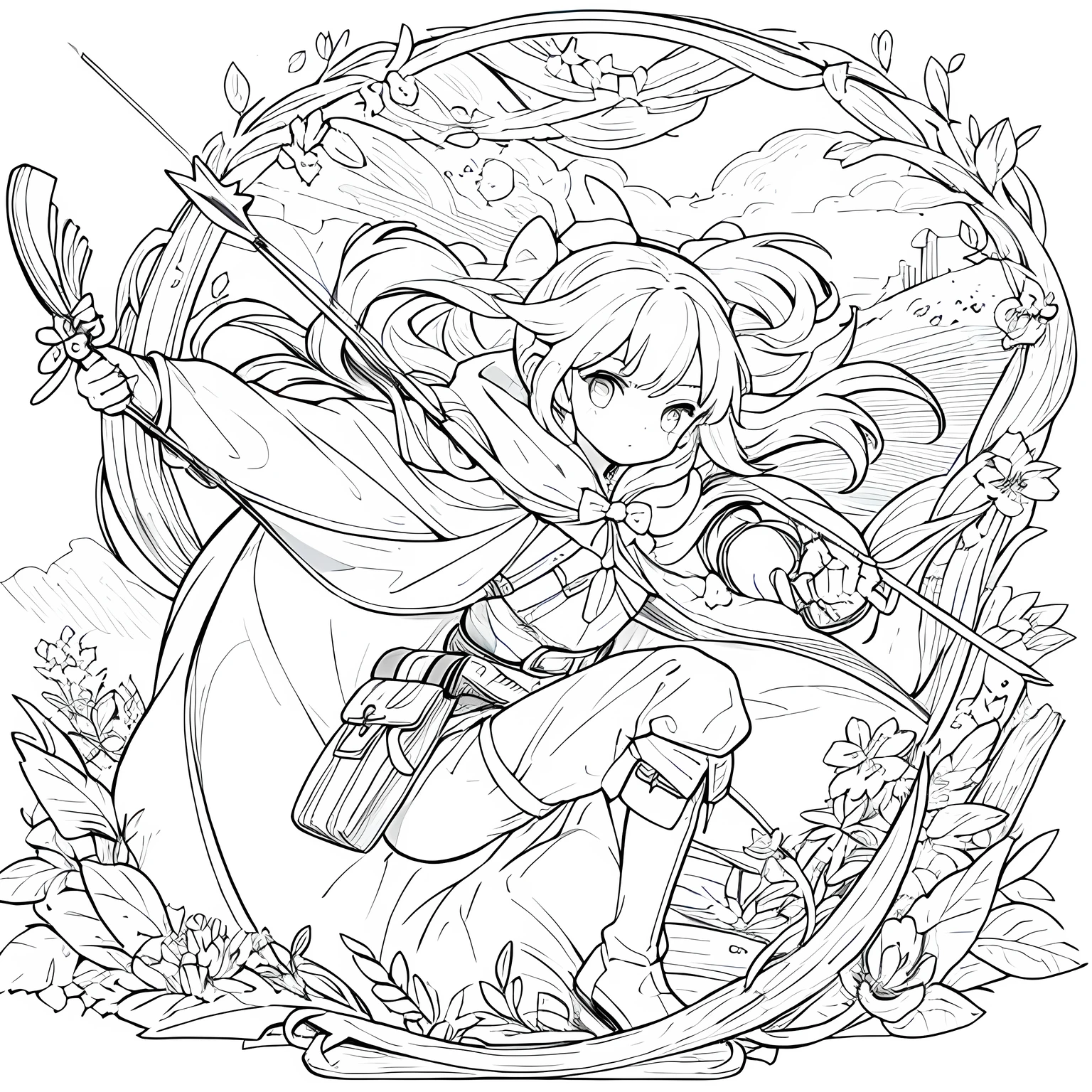 A drawing of a girl with a bow and arrow in her hand - SeaArt AI