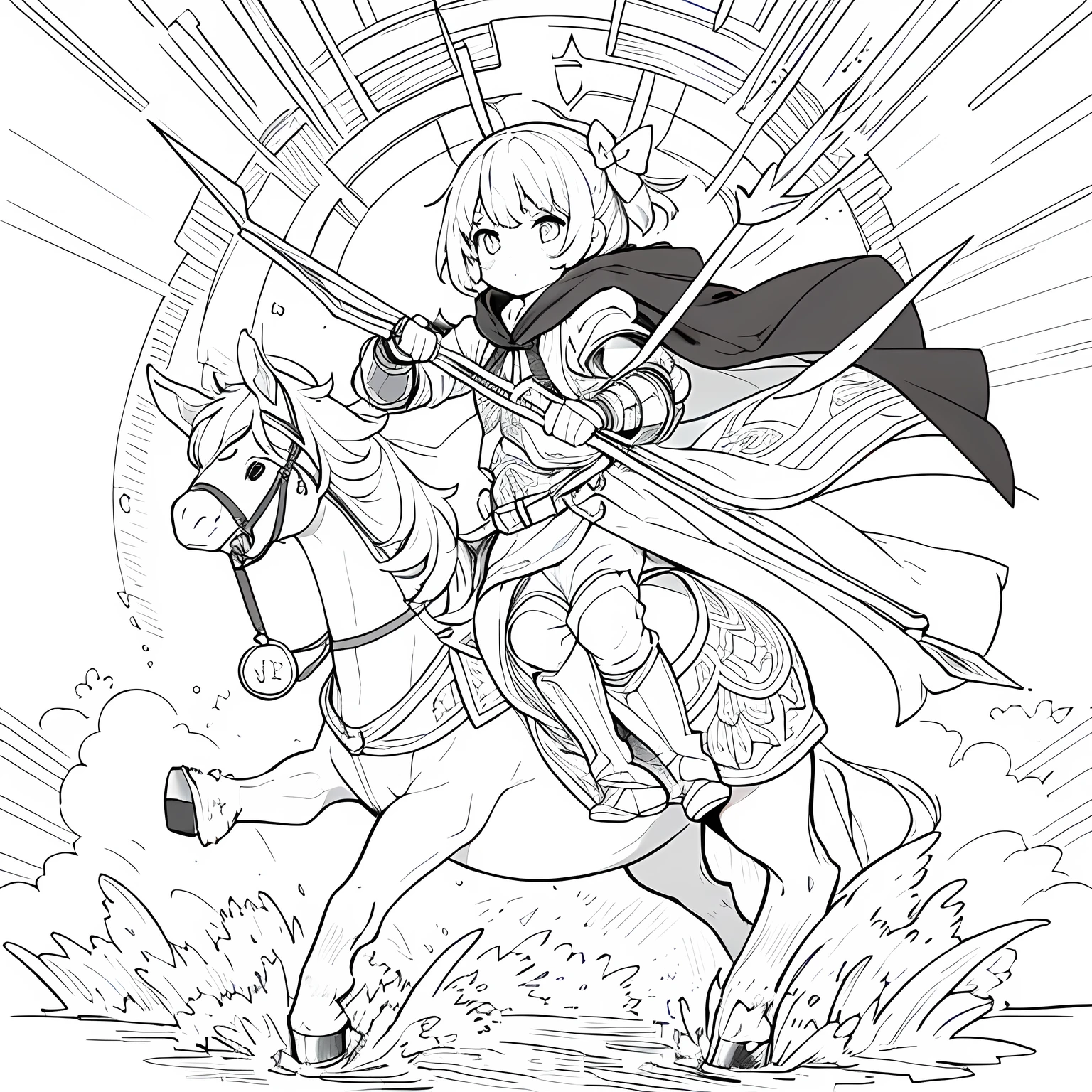 Monochrome,Lineart,Dark outlines,Black and white only,Clear background,Girl、Big eyes、Bow user、archery、leather armor、Hooded cape、Hooded cloak、boots、pants、Tunic、Pouch、belt、gloves、Gauntlet、bow、arrow、nature lover、Calm、High accuracy、Concentration,girl