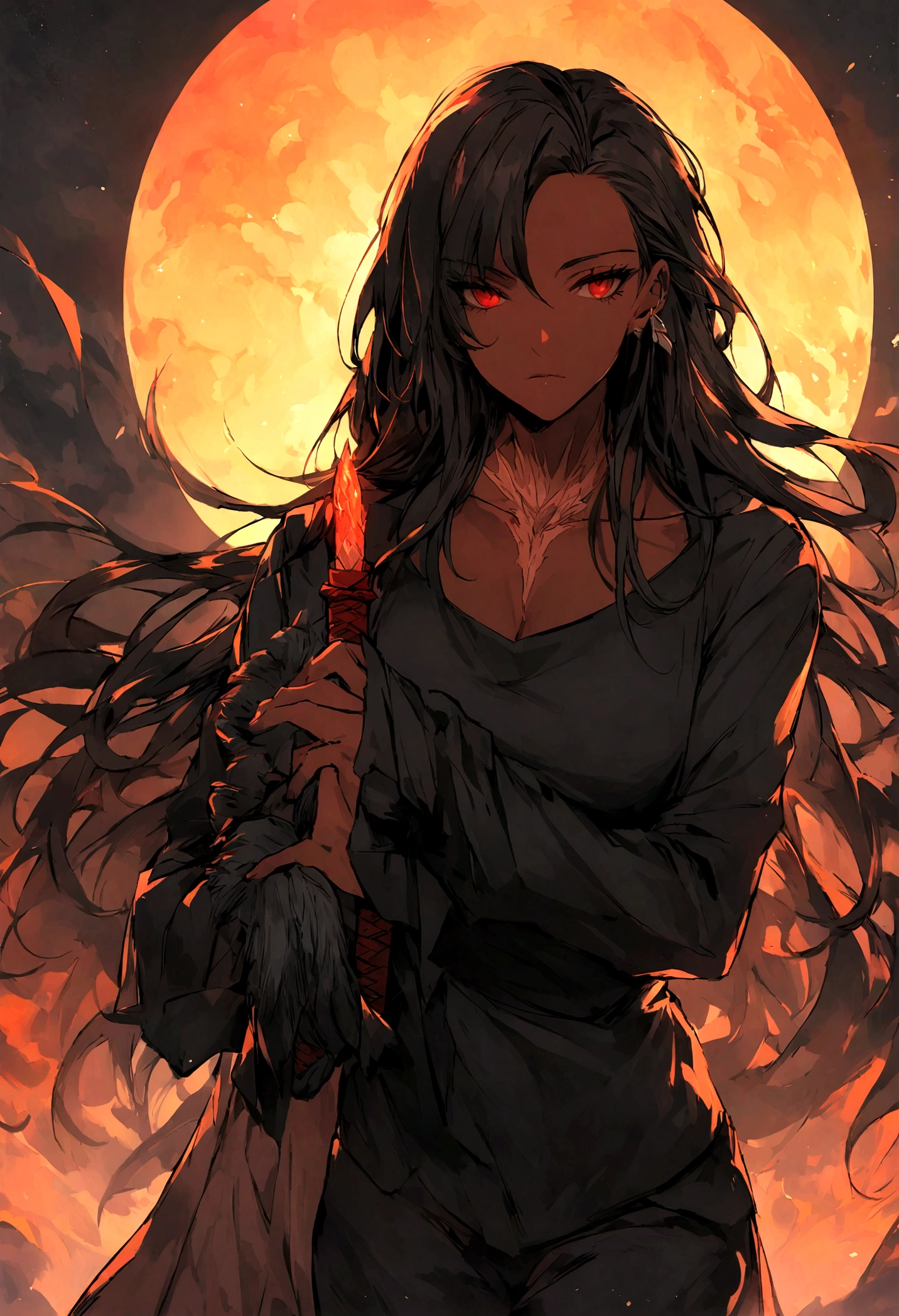 Desenhe uma mulher de 20 anos com cabelos logos pretos, com colete preto, camiseta preta, black pants, coturno preto, katana in his hand and with a scar on his neck.