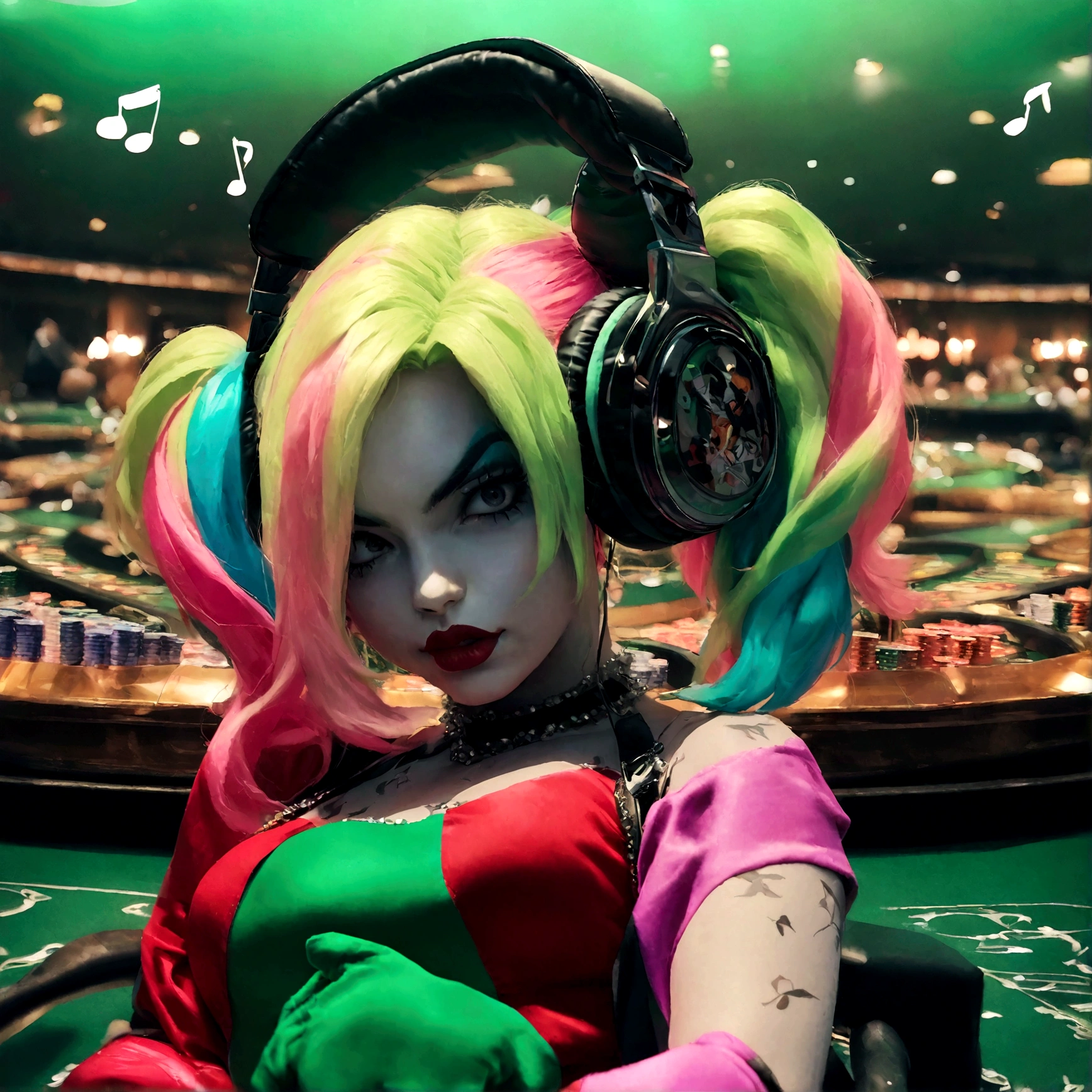 Villain Harley Quinn, (high quality photo), Musical notes around, splashplaying background, wearing headphones, in the casino, green gradient background, wearing death metal band look

