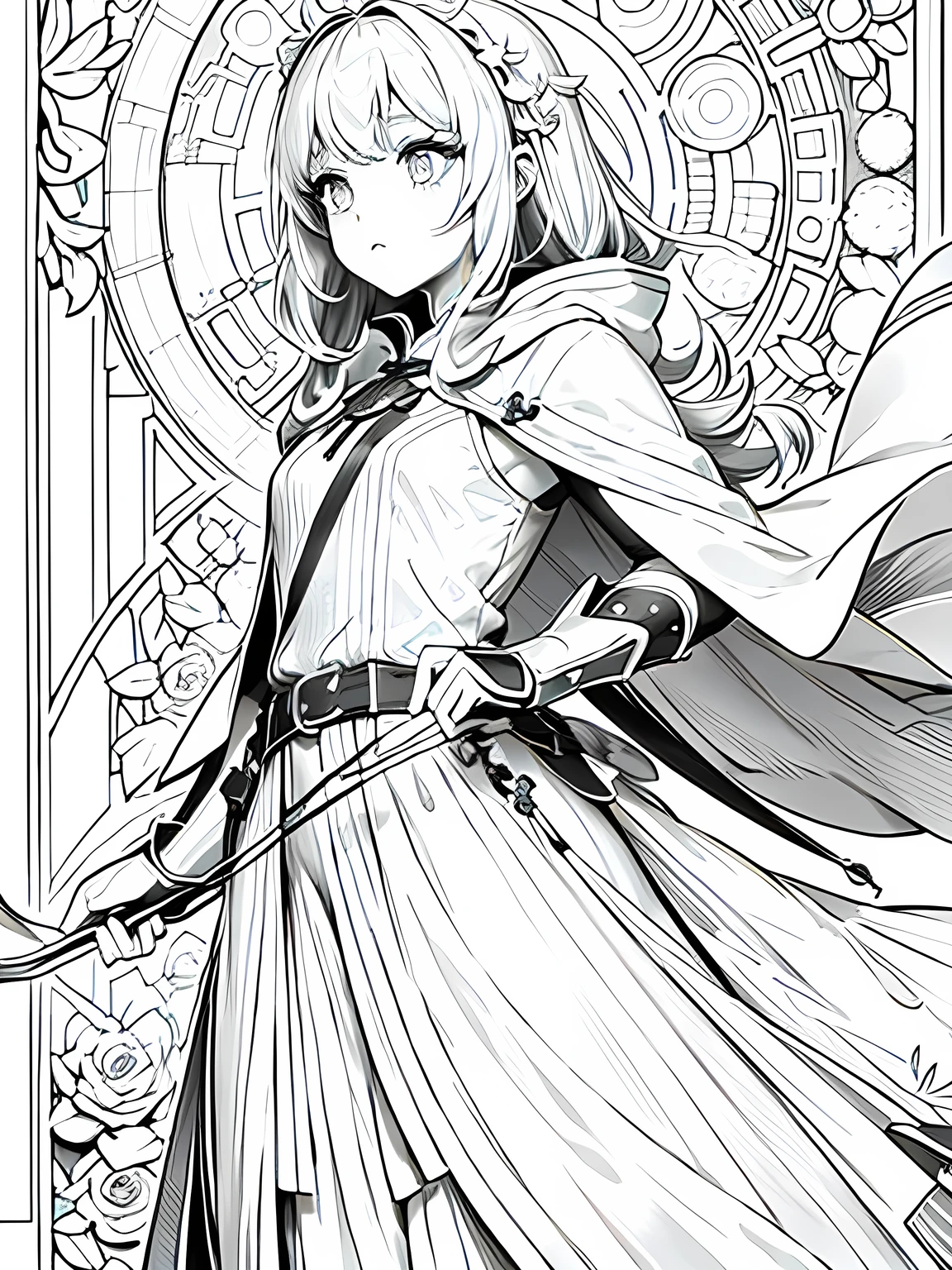 Line art background, background, Monochrome, Line art, ((sketch)),Highest quality,masterpiece,monochrome,Lineart,single color,Create a detailed coloring page少女、Big eyes、Bow user、archery、leather armor、Hooded cape、Hooded cloak、boots、pants、Tunic、Pouch、belt、gloves、Gauntlet、bow、arrow、nature lover、Calm、High accuracy、Concentration,girl