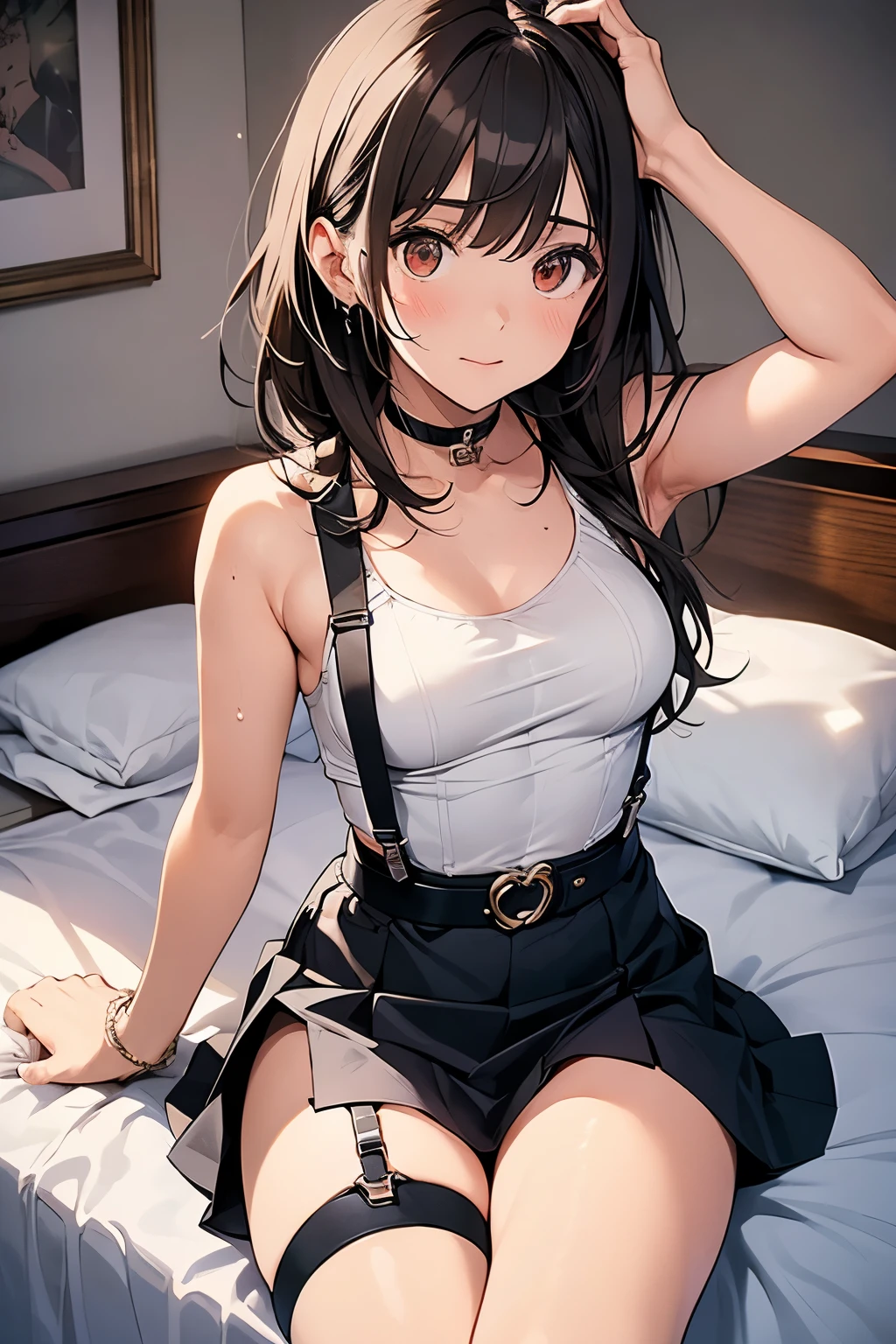 Staring at the audience Black suspenders bulging big breasts wall mini skirt garterbelt garter sight Small face holster Beautiful woman Show your hand Lying in bed sight Taunt side side汗 arm belt summer Armpit sweat