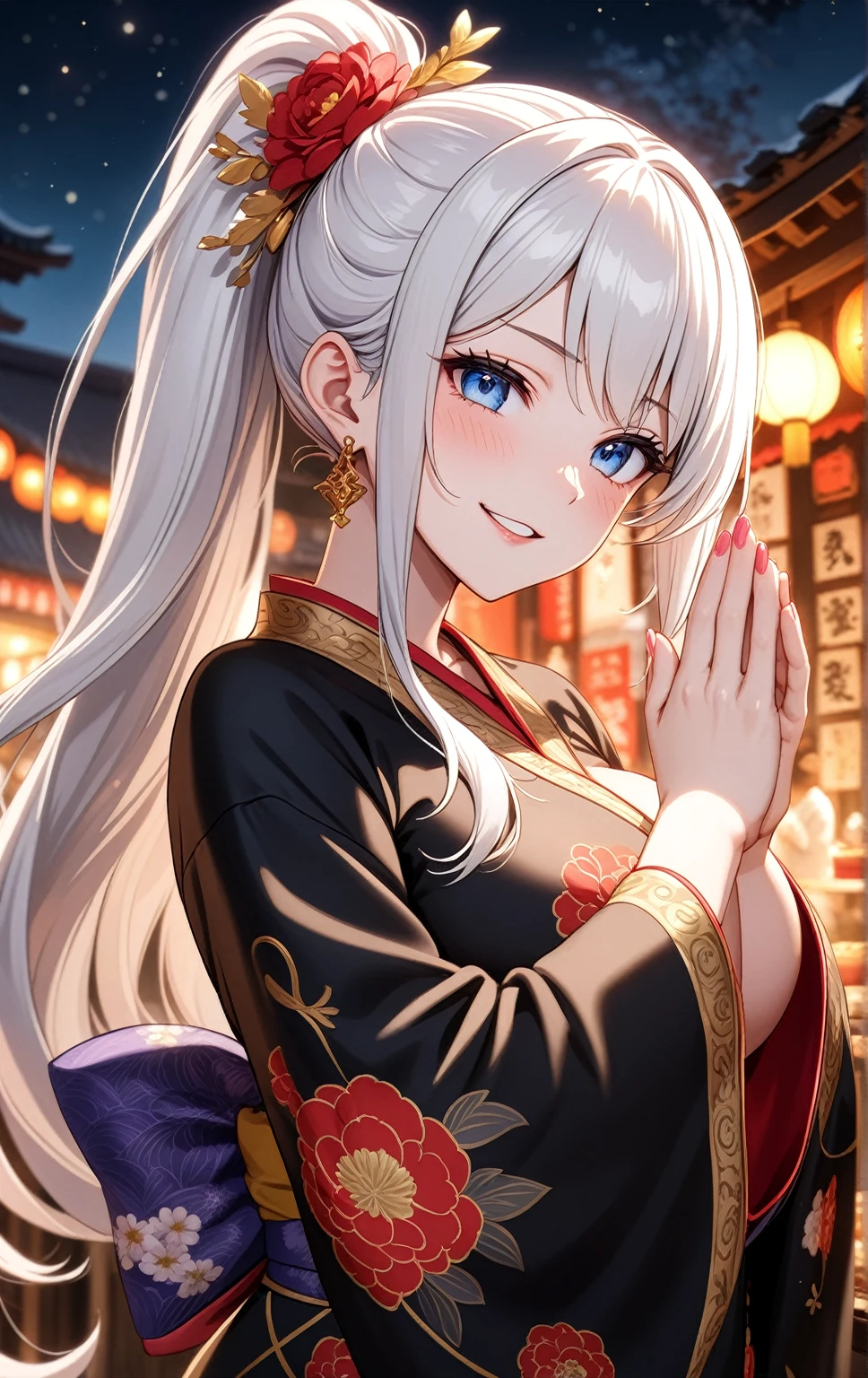 ((one personの女性)), Beautiful Face,Laugh shyly,((Wink:1.9)),Laughing with your mouth open,turn bright red,Glossy pink lips,night,Shrine festival stalls,((Anime style background)),masterpiece, highest quality, so beautiful, up to date, Complex details, (Pink long nails),AI-generated, Complex,High resolution, highest quality, super high quality,3D Images、View your audience、3D Images,one person,Long white hair,High Ponytail,blue eyes,Anime woman posing for a photo, [[Fine grain、Colorful eyes、Shining Eyes:1.15]],(Squint your eyes:1.1),a hyperRealistic , hyperRealistic , Realistic,Long haired white haired anime woman, Smooth anime CG art, A woman in a colorful kimono with gold embroidery, (Black kimono),Red floral pattern,Long flower hair ornament,Big earrings,(Big Breasts:1.1),Mature Body,tall,Big Ass,Fine details,Tight waist,Abdominal muscles,(Face close-up:1.5),Tilt your face,Shooting from an angle,Praying with hands together,