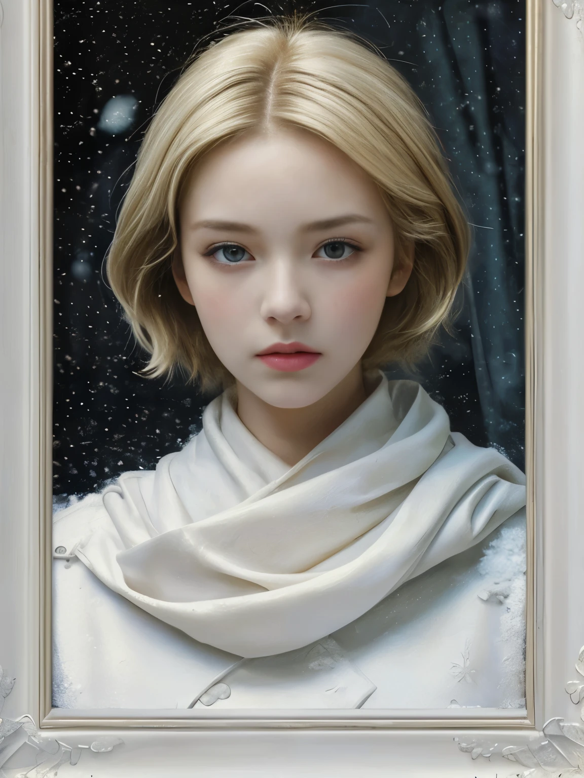 (oil, masterpiece, highest quality, Super detailed, Focus on the characters), Short blonde, ([return:0.8]|[ face facing returnwards:1.1]), Serious face, ([A cold scenario:1.2]|[ snowy returnground:1.3]| [High Contrast:1.1])  