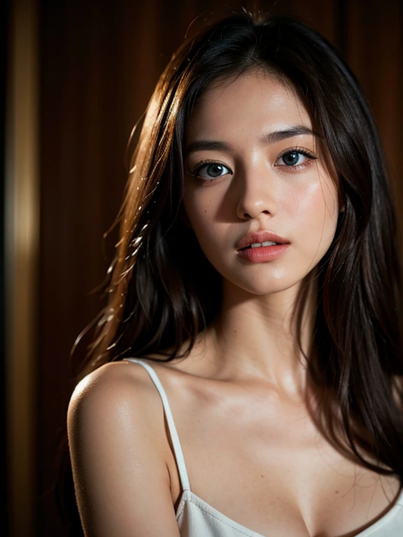 Realistic sexy pose of a beautiful c0b13sm woman, 1 tall sexy ultra hot girl, solo, long hair, breasts, looking at viewer, blue eyes, brown hair, bare shoulders, closed mouth, upper body, lips, realistic, nose, soft lighting, professional Photography, Photorealistic, detailed, RAW, analog, sharp focus, 8k, HD, DSLR, high quality, Fujifilm XT3, film grain, award winning, masterpiece