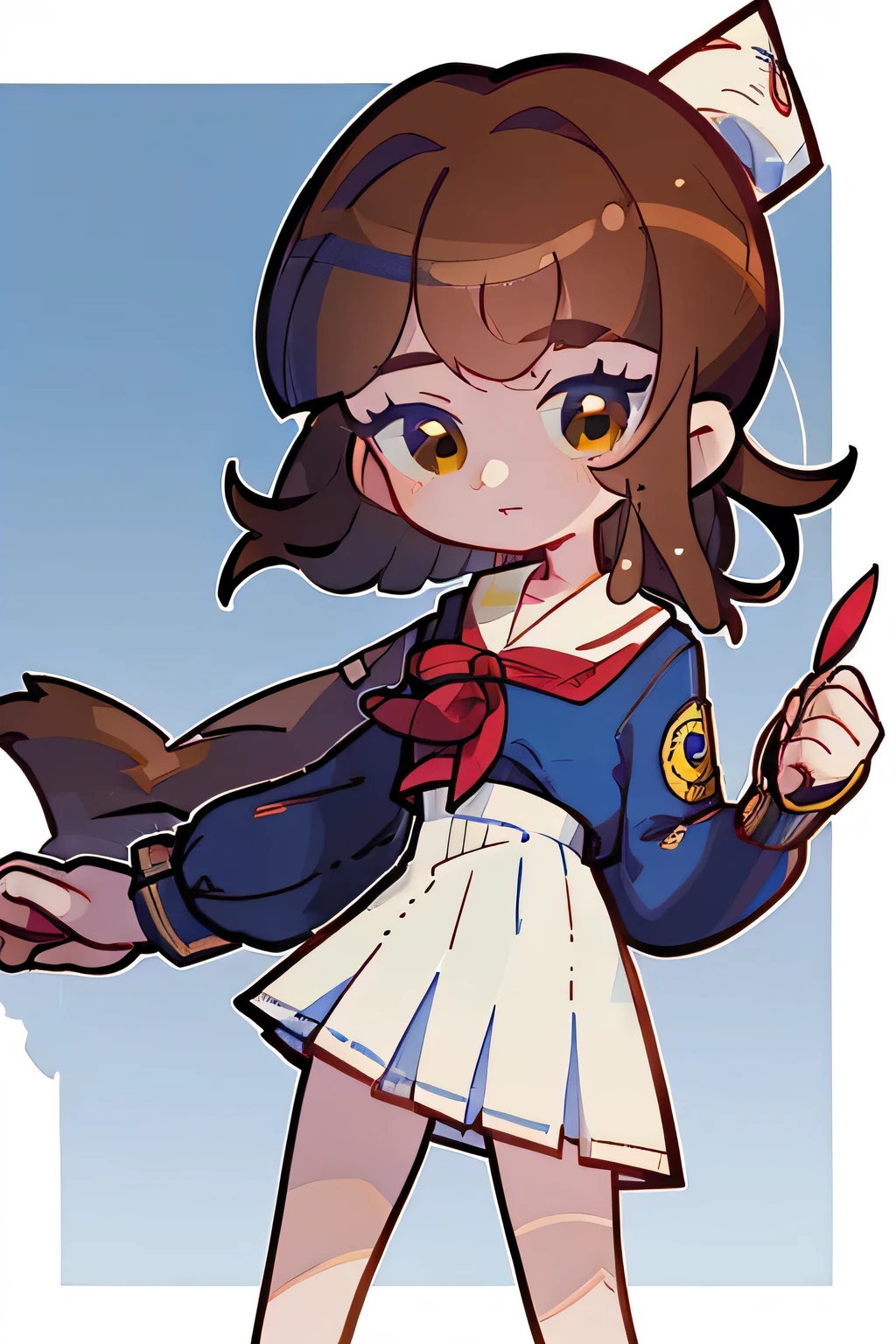 masterpiece, best quality, short brown hair, yellow eyes, wearing a sailor uniform, hair between eyes, locks, wearing a sailor uniform, red ribbon, wearing a blue pleated micro skirt, bare legs, white background