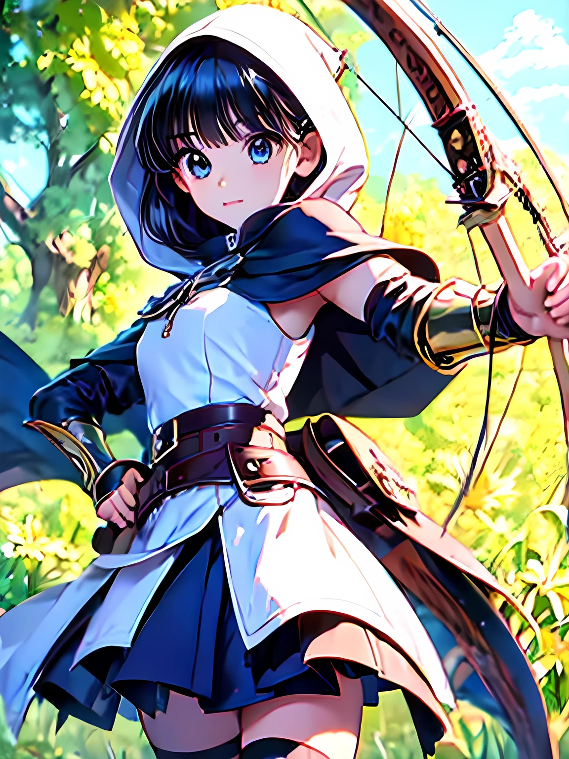 Line art background, background, Monochrome, Line art, ((sketch)),Highest quality,masterpiece,monochrome,Lineart,single color,Create a detailed coloring page,Girl、Big eyes、Bow user、archery、leather armor、Hooded cape、Hooded cloak、boots、pants、Tunic、Pouch、belt、gloves、Gauntlet、bow、arrow、nature lover、Calm、High accuracy、Concentration,girl