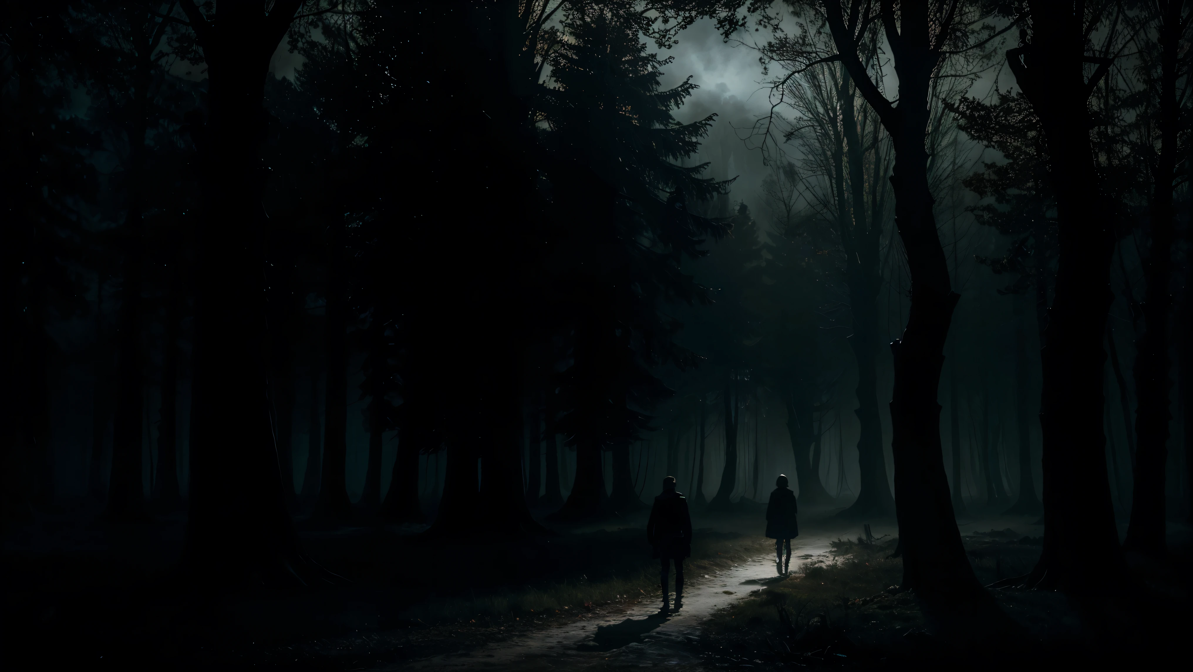 an oil painting inspired by Caspar David Friedrich of an adventurer walking through a haunted forest, shadowy figures, gnarled branches, dark and moody color palette, a cautious expression, dramatic lighting, and a foreboding atmosphere --v 5 --stylize 1000