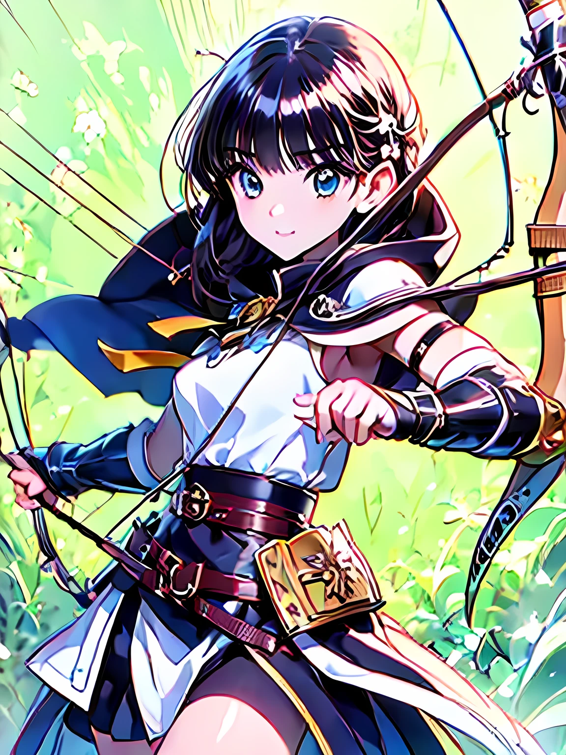 Line art background, background, Monochrome, Line art, ((sketch)),Highest quality,masterpiece,monochrome,Lineart,single color,Create a detailed coloring page,Girl、Big eyes、Bow user、archery、leather armor、Hooded cape、Hooded cloak、boots、pants、Tunic、Pouch、belt、gloves、Gauntlet、bow、arrow、nature lover、Calm、High accuracy、Concentration,girl